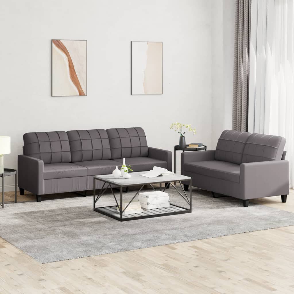 vidaXL Sofa 2-tlg. Sofagarnitur mit Kissen Grau Kunstleder