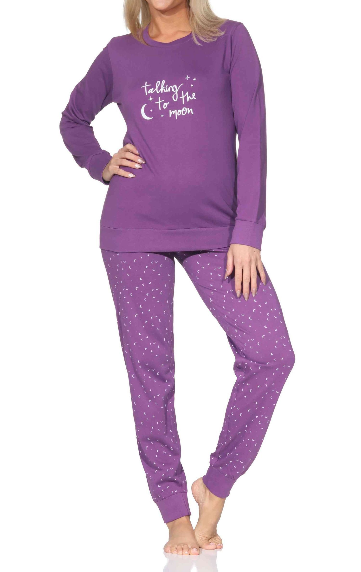 Normann Pyjama Normann Damen langarm Schlafanzug mit Bündchen Pyjama mit Mond Optik