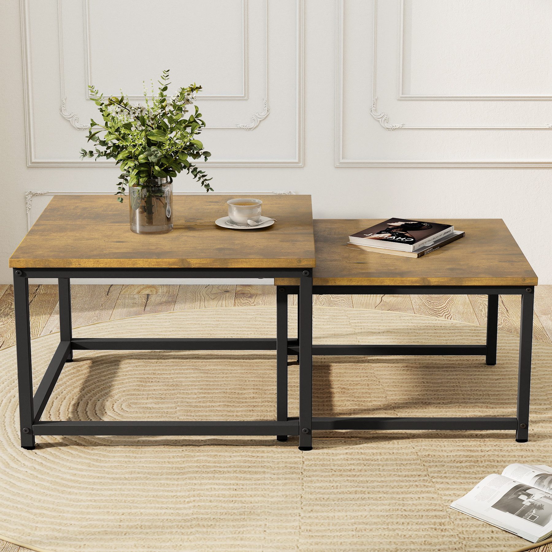 HawthyHome Couchtisch 2er-Set quadratischer Wohnzimmertisch aus Holz mit Metallgestell (2-St), moderner Beistelltisch für Wohnzimmer und Schlafzimmer, platzsparend