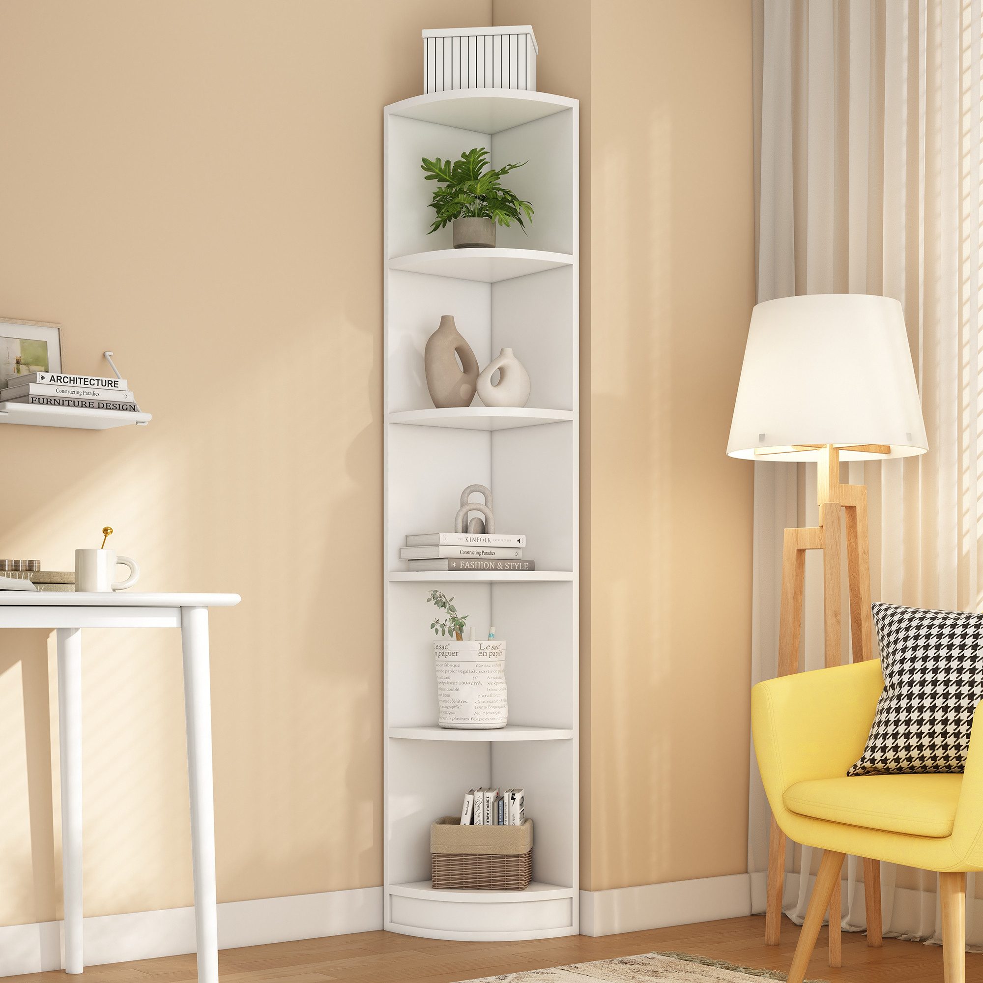 KLAM HOME Eckschreibtisch Eckbücherregal,Lagerregal, Weißes Eckbücherregal aus MDF, 5-stöckig, einfache Montage für Wohnzimmer, Büro & Schlafzimmer