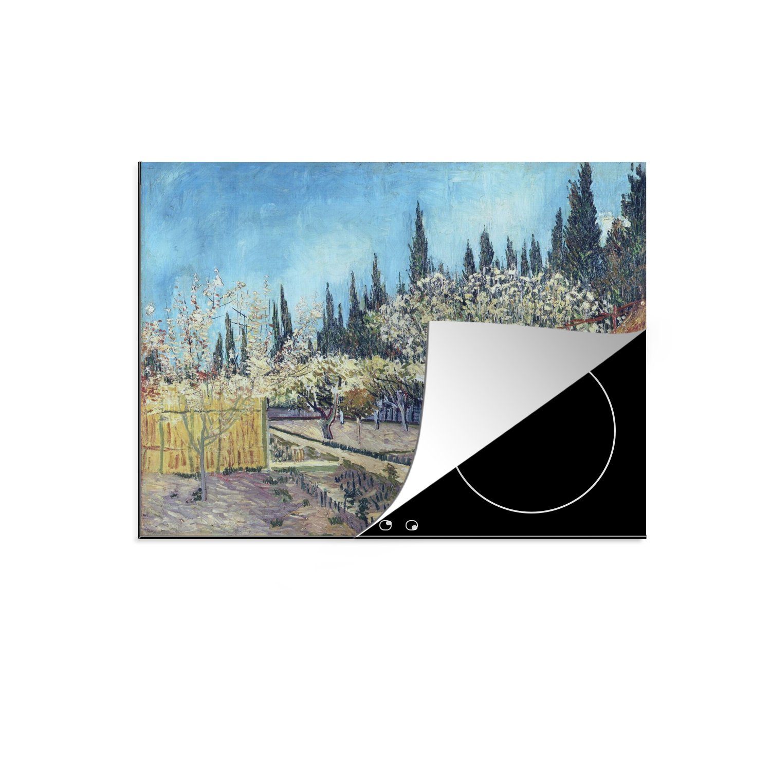 MuchoWow Herdblende-/Abdeckplatte Obstgarten vor Zypressen - Vincent van Gogh, Vinyl, (1 tlg), 59x52 cm, Ceranfeldabdeckung für die küche, Induktionsmatte