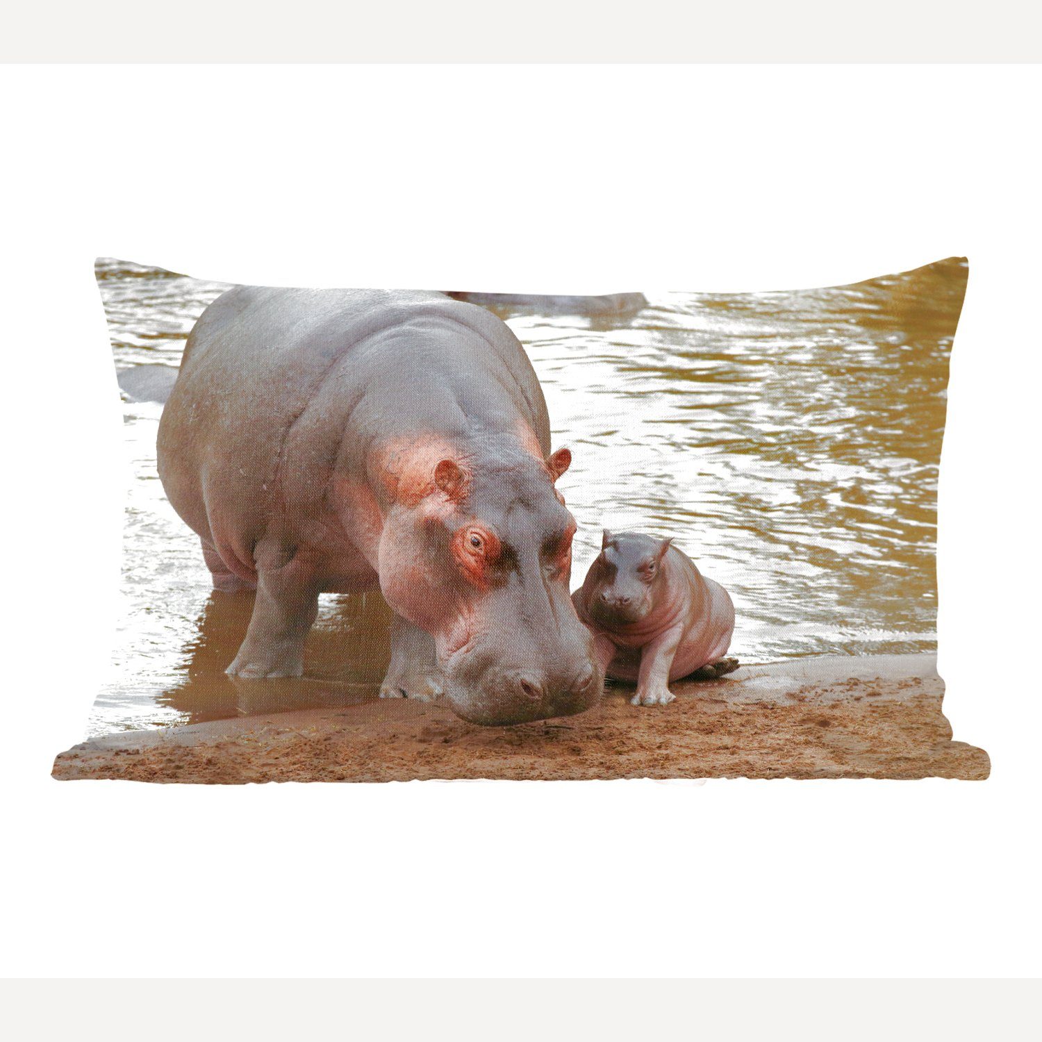 MuchoWow Dekokissen Tiere - Nilpferde - Baby, Аксессуары для дома, Zierkissen, Kissen mit Füllung, 50x30 cm