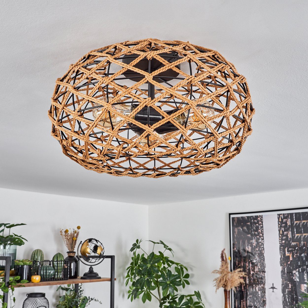 hofstein Deckenleuchte moderne Deckenlampe aus Holz/Rattan/Metall in Natur/Schwarz, ohne Leuchtmittel, Deckenleuchte Lichteffekt, Ø40cm, 3x E27, ohne Leuchtmitt – Bild 2 von 5