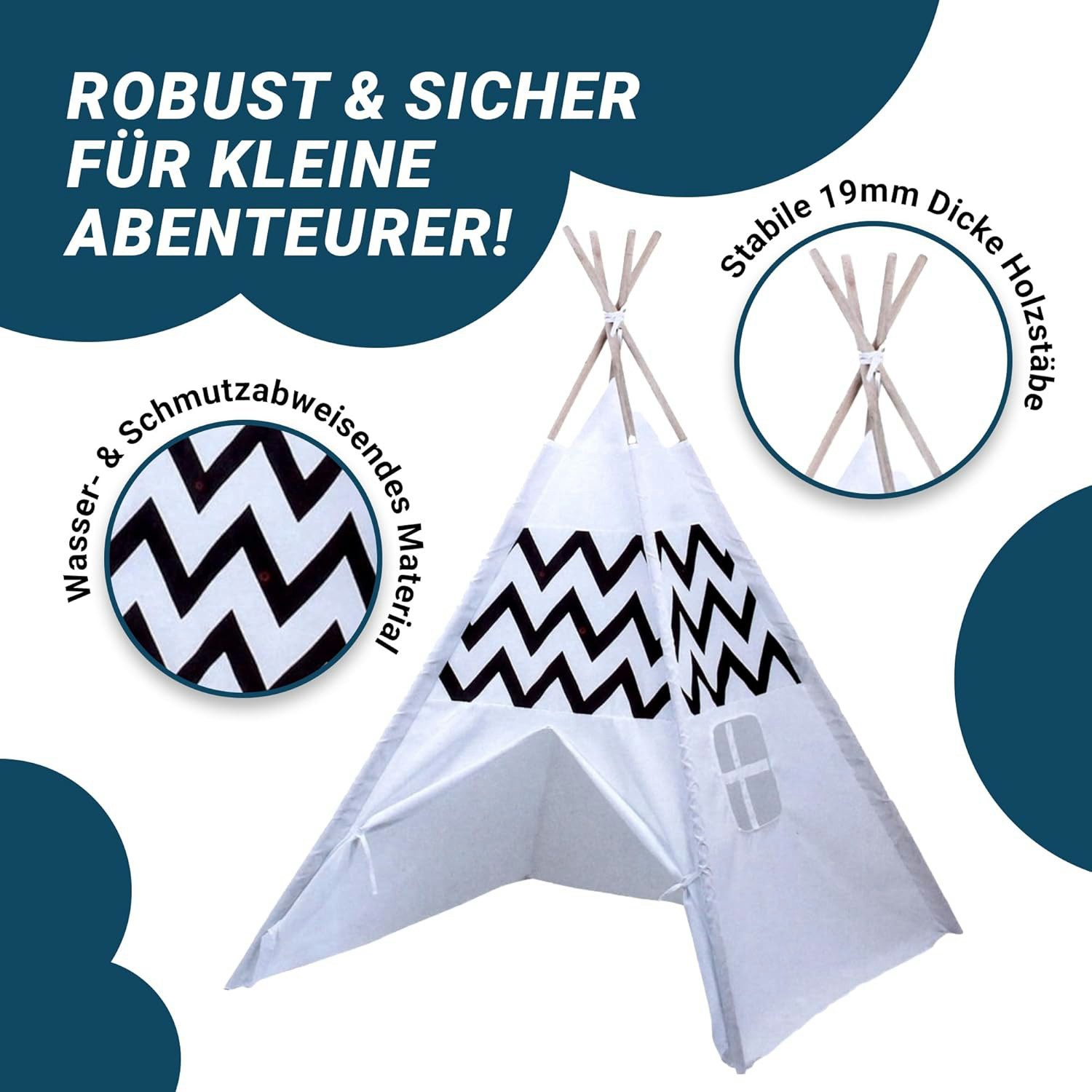 Play Fun Tipi-Zelt / Kinderspielzelt, mit naturbelassenem Holzgestänge und individuell bemalbar