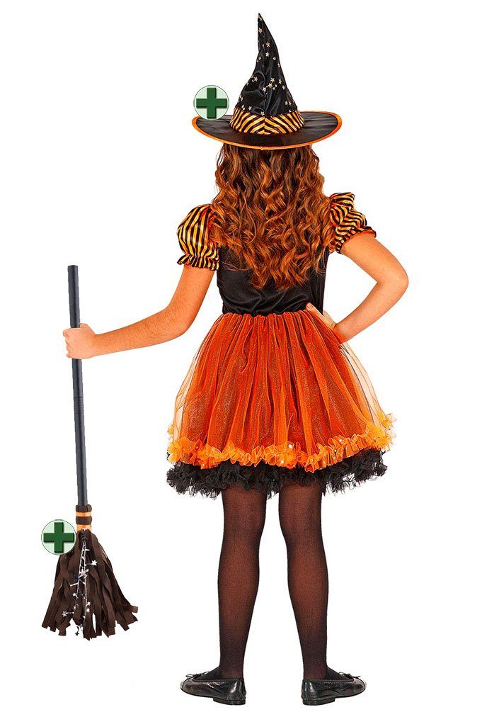 Karneval-Klamotten Hexen-Kostüm Schwarz orange glitzer Hexe + Hexenhut Hexenbesen, Kinderkostüm Mädchenkostüm Halloween Kleid, Hut und Hexenbesen