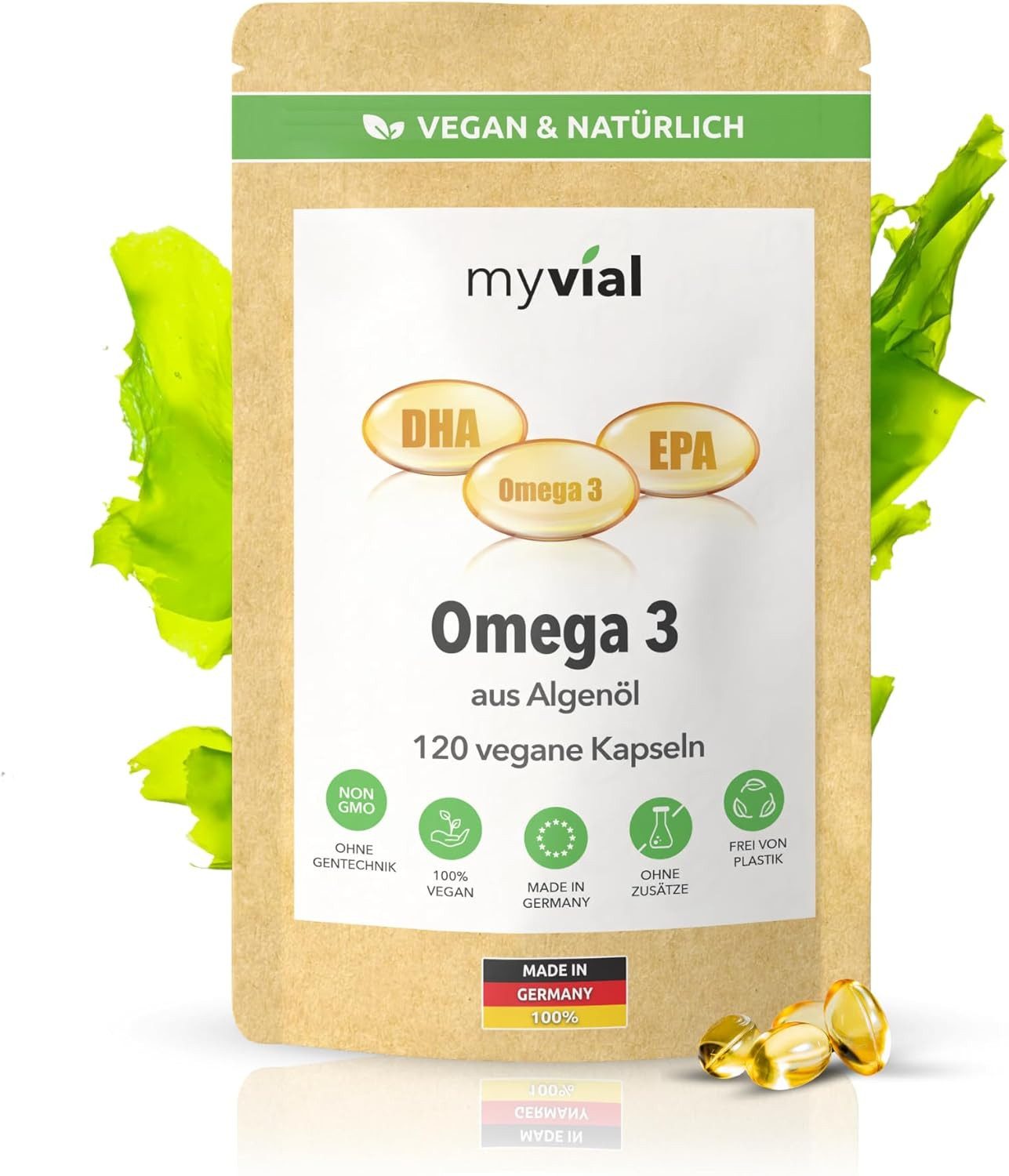 myvial Pflanzliche Omega 3 Kapseln aus Algenöl - 600 mg EPA & DHA Kapseln, 120 vegane Kapseln, DHA- und EPA-reiches Öl, Mikroalge Schizochytrium à 120 St., plastikfrei verpackt, 60 Tage Vorrat, höchste Qualität