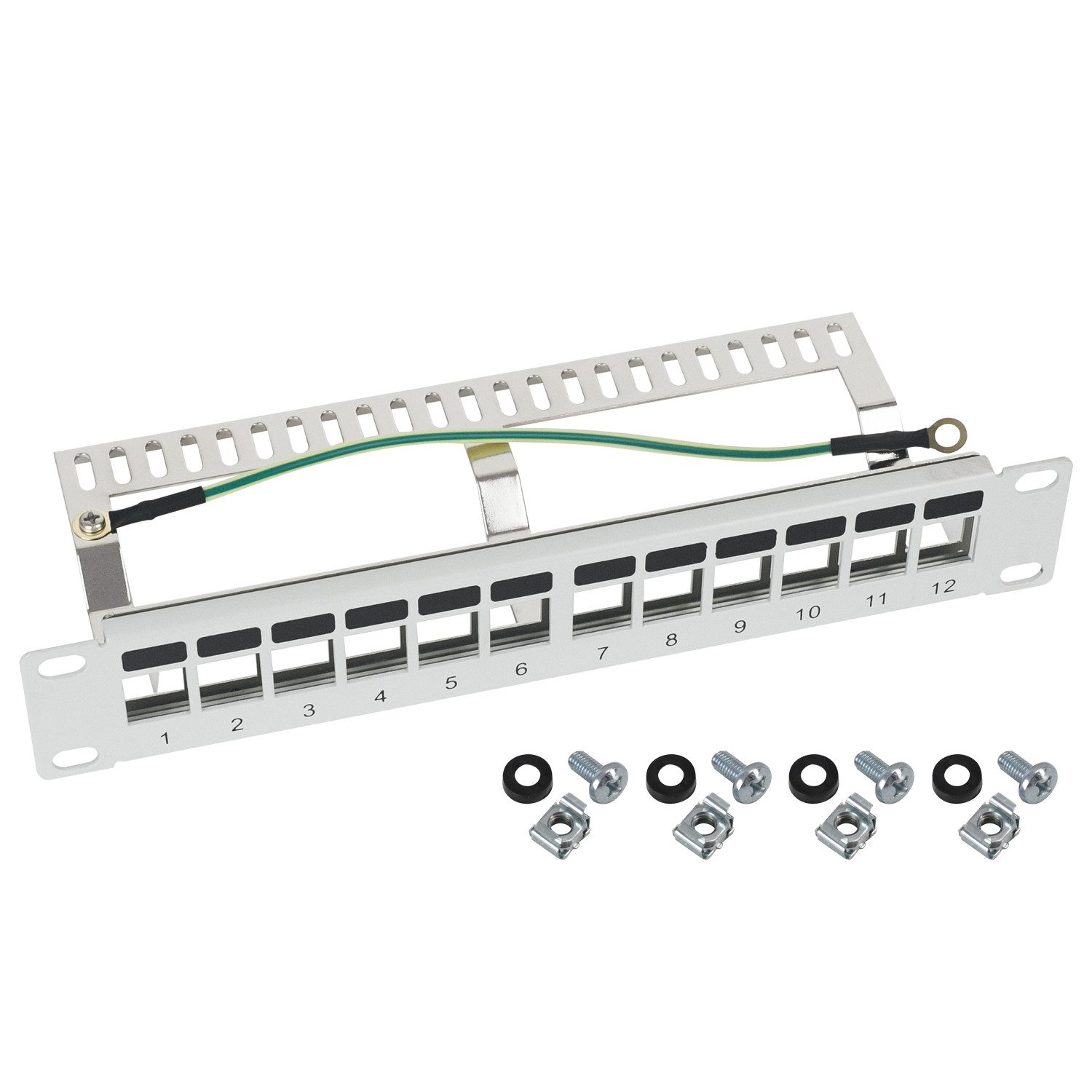 HMF Serverschrank 63346-07 STP Keystone-Patchpanel für Serverschrank, 10 Zoll, 1 HE, 12 Ports RJ45 Geschirmt, Lichtgrau