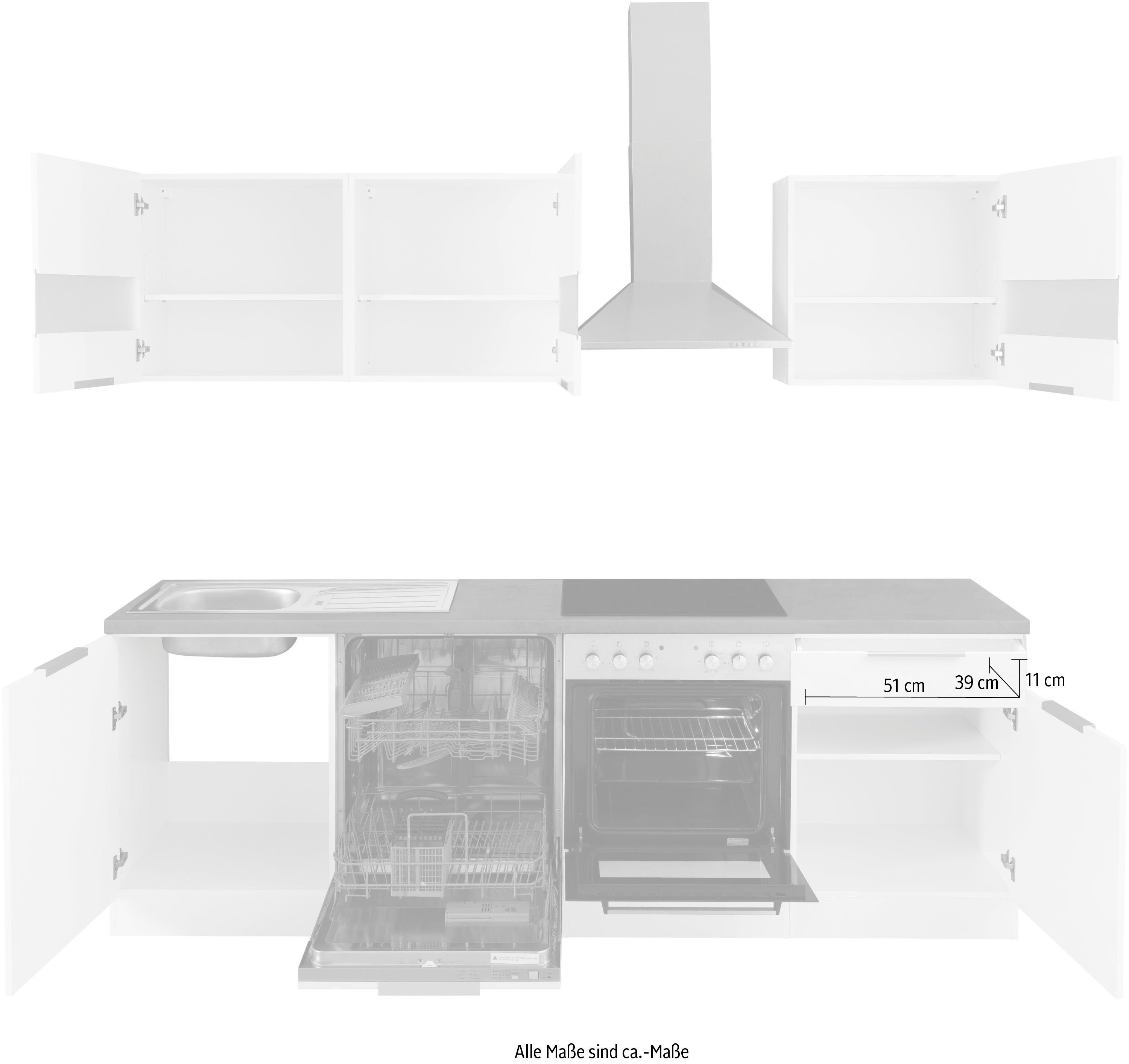 KOCHSTATION Küchenzeile KS-Luhe, 240 cm breit, wahlweise mit oder ohne E-Geräten, gefräste MDF-Fronten