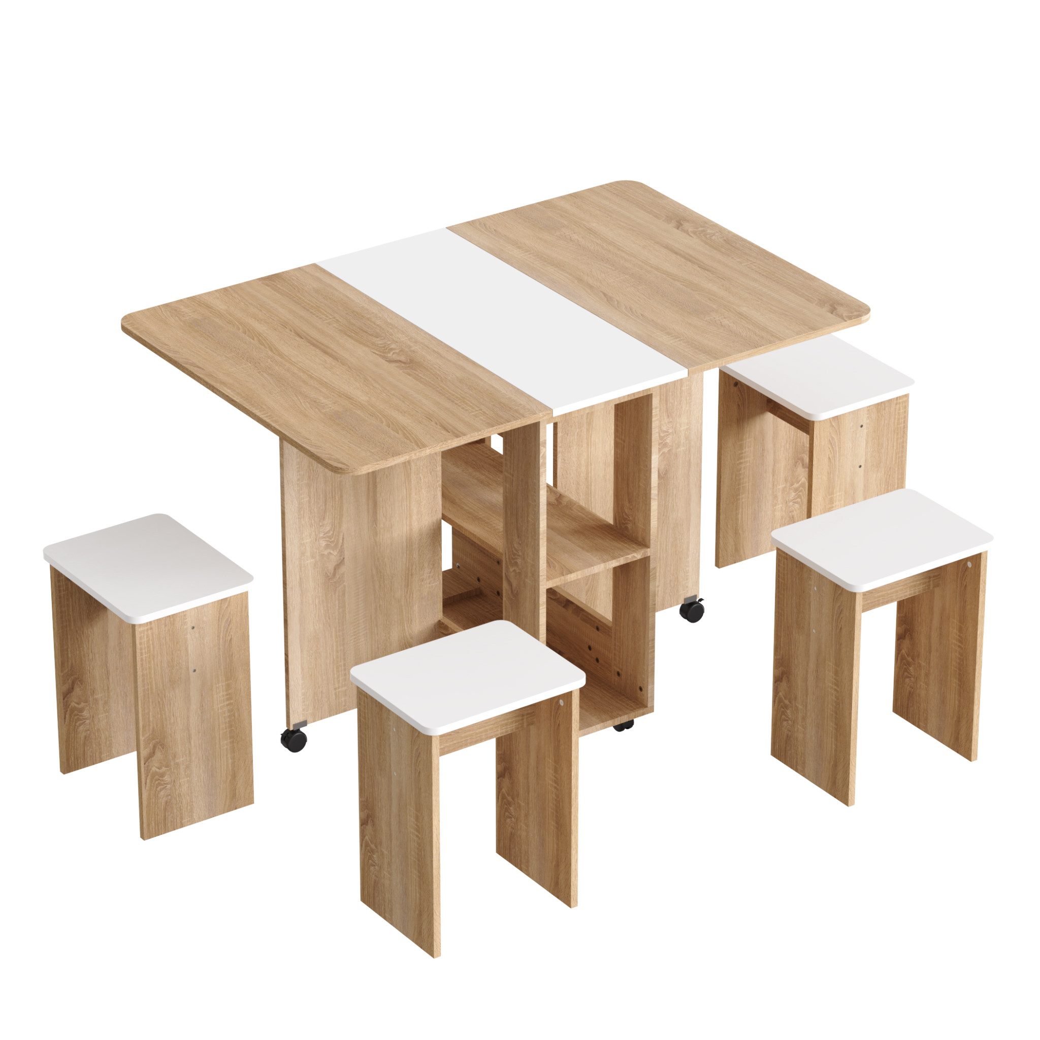 Mondeer Essgruppe Esstisch mit 4 Hockern, (120x80 cm), Platzsparend, 3-in-1-Funktion, Rollbar & Stabil