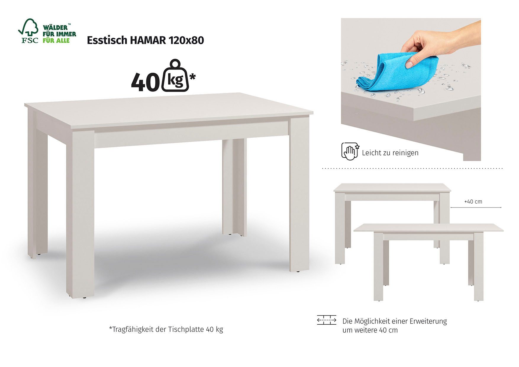 Home affaire Esstisch Hamar Esszimmertisch 120x80, Weiß oder Eiche Holz Küchentisch, Verlängerbar durch Einlegeplatte, max. Breite 160 cm