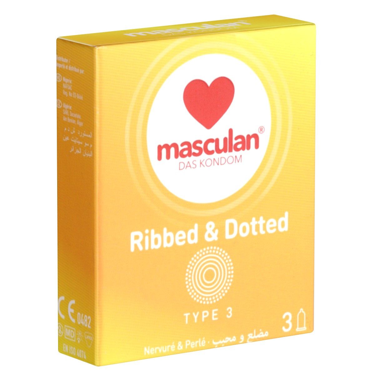 Masculan Kondome Typ 3 (ribbed/dotted) Packung mit, 3 St., stimulierende Qualitätskondome für intensive Momente, gerippt-genoppte Kondome für mehr Gefühl