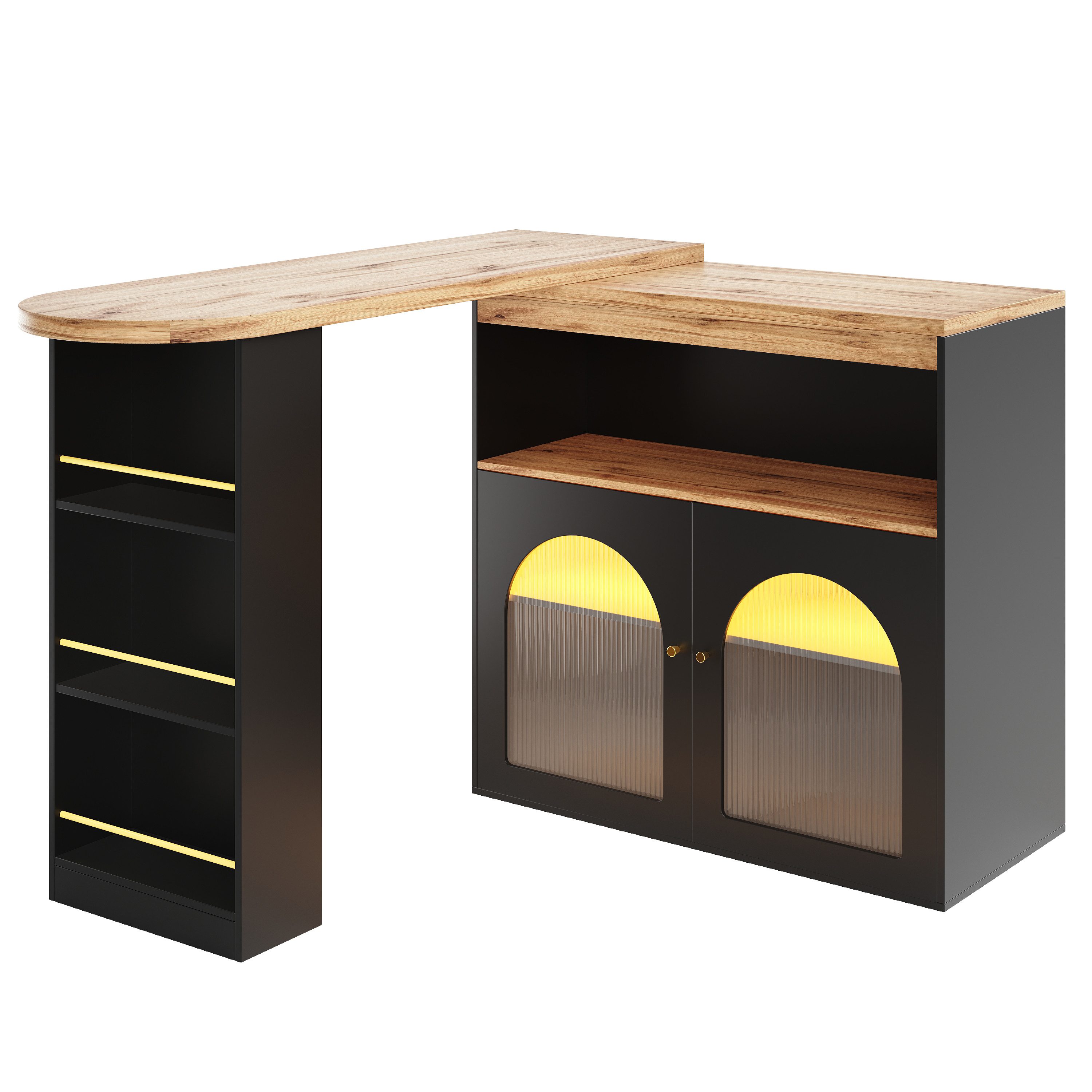 KLAM HOME Bartisch ausziehbar Stehtisch Bistrotisch drehbar Sideboard (mit LED-Lichtleisten, 360° Drehung), Esstisch mit Stauraum Anrichte 138-193X39X105CM