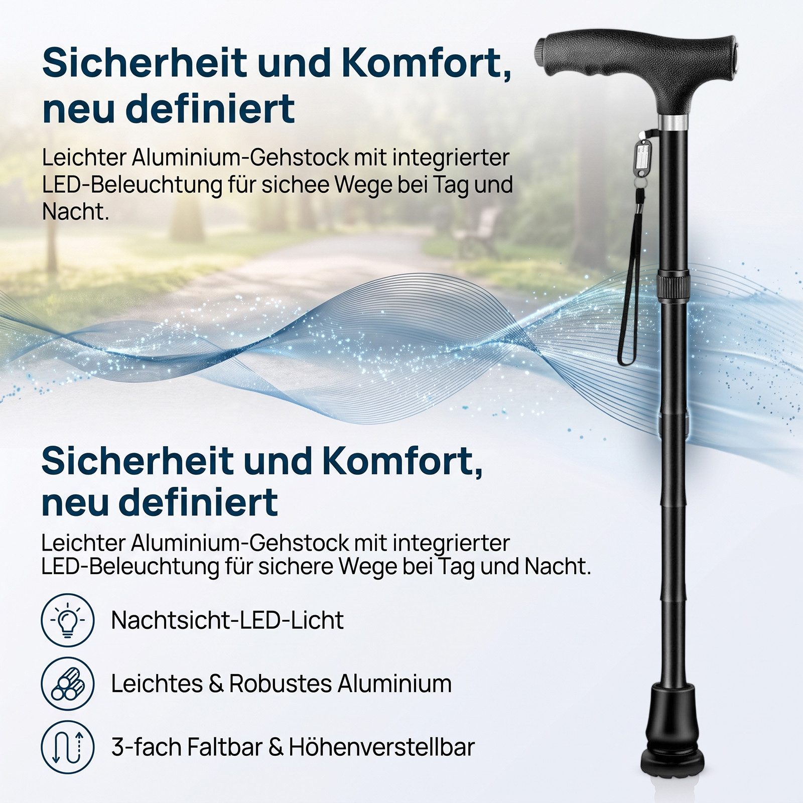 AKKEE Gehstock Faltbarer mit LED-Licht, zusammenklappbarer Gehstock für senioren, einstellbare Höhe 70-90cm, mit Rutschfester Gummibasis