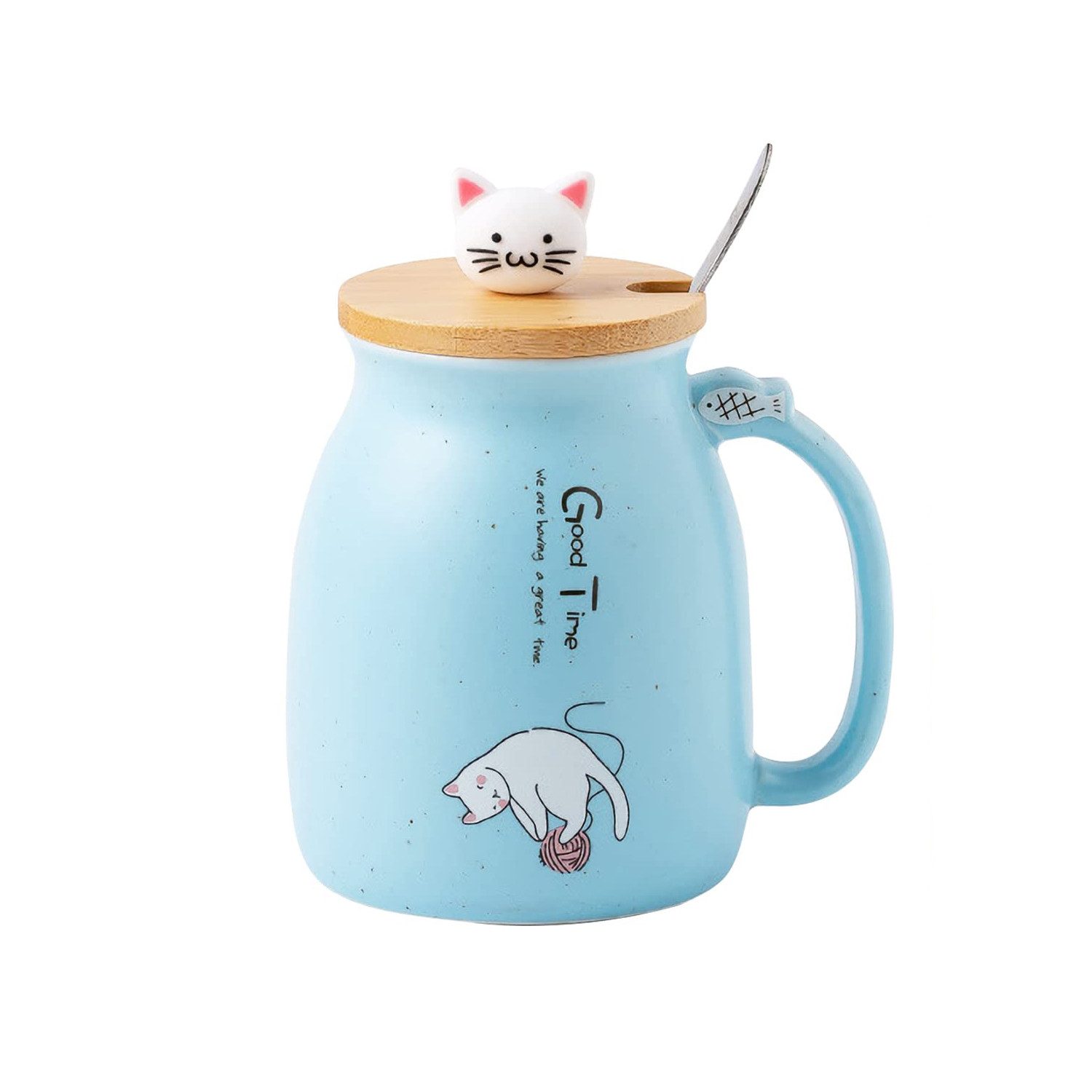 Coonoor Becher 450ml Keramik Katzen Becher, mit Deckel und Edelstahllöffel, Kaffeebecher & Haushaltstrinkbecher