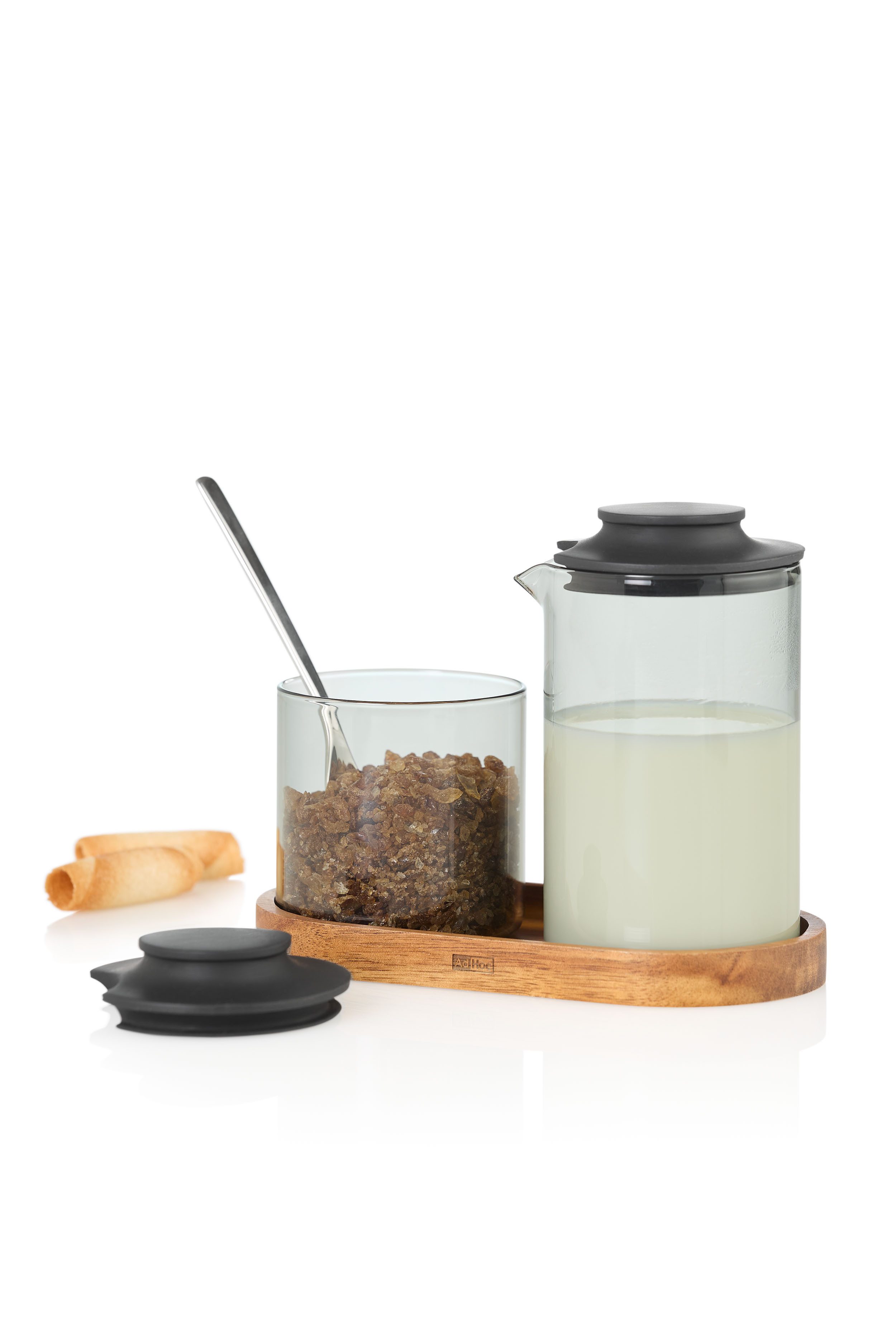 AdHoc Milch- und Zuckerset Impact (3-tlg), Borosilikatglas, Silikon, Holz, 250ml, 180g