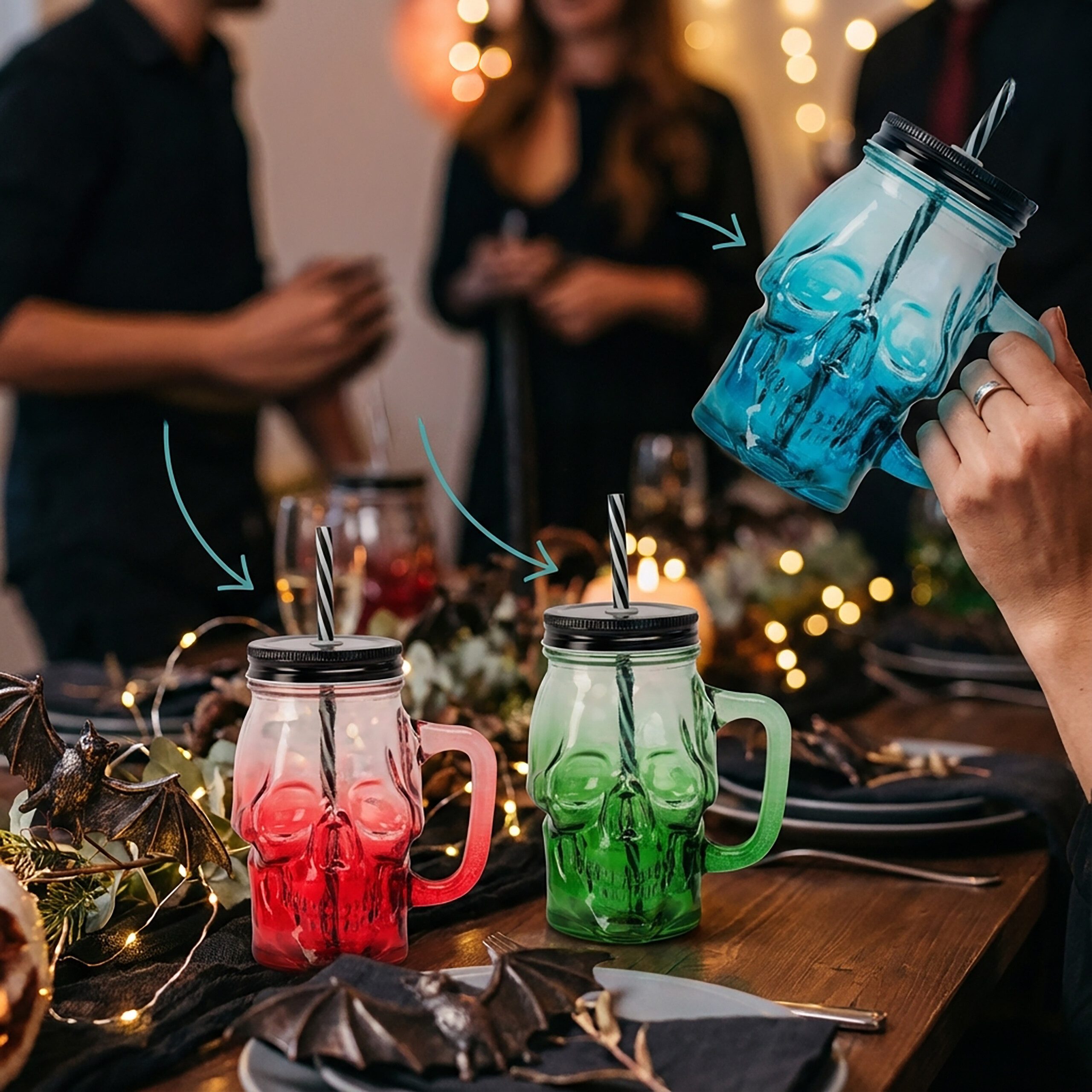 relaxdays Gläser-Set Trinkgläser mit Deckel 4er Set Totenkopf, Glas, 4er Pack