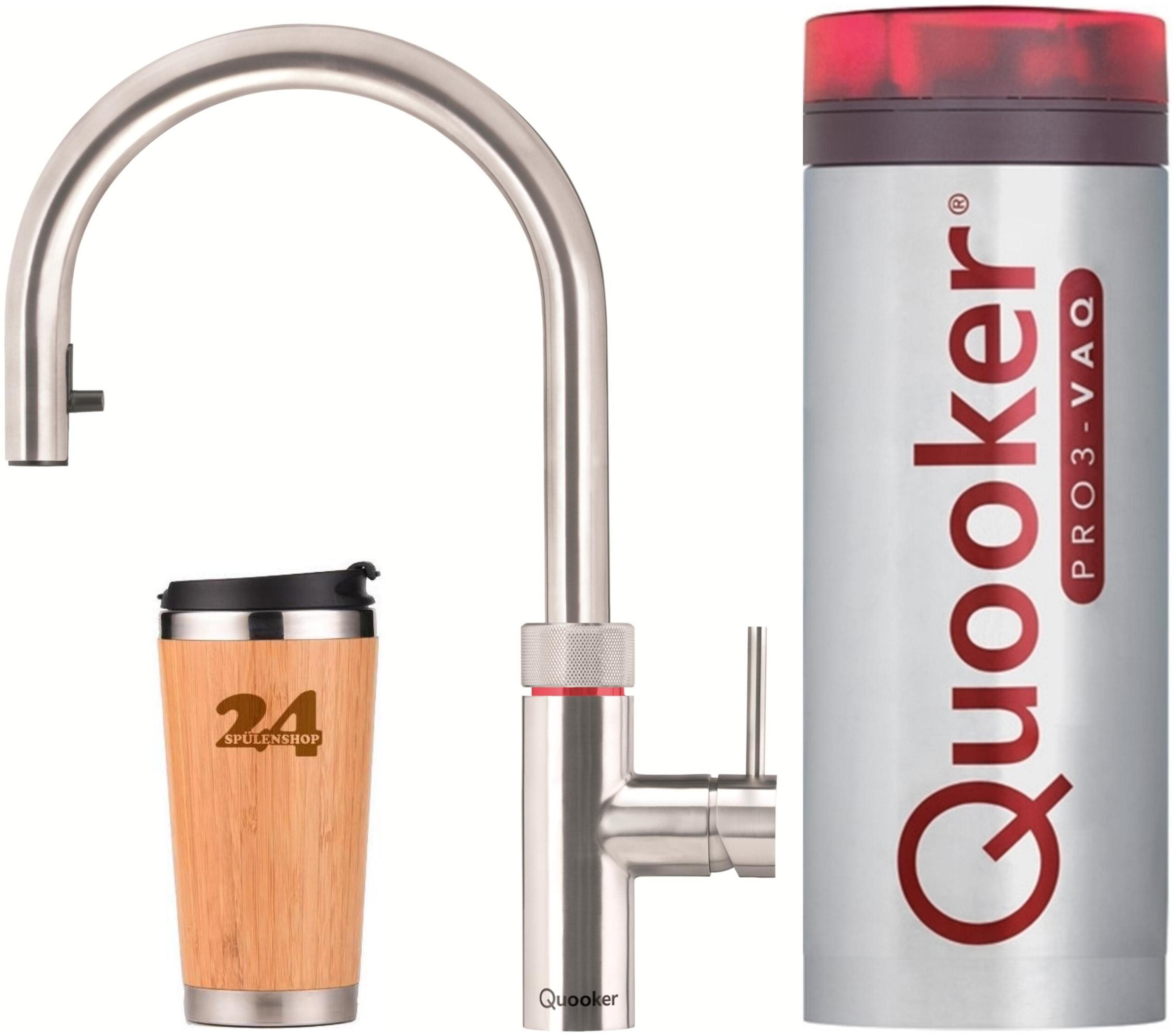 QUOOKER Küchenarmatur QUOOKER Flex VAQ PRO3 Zugauslauf Edelstahl & 100°C Armatur (3XRVS) (2-St) Spültischmischer mit 100°C Kochendwasserfunktion