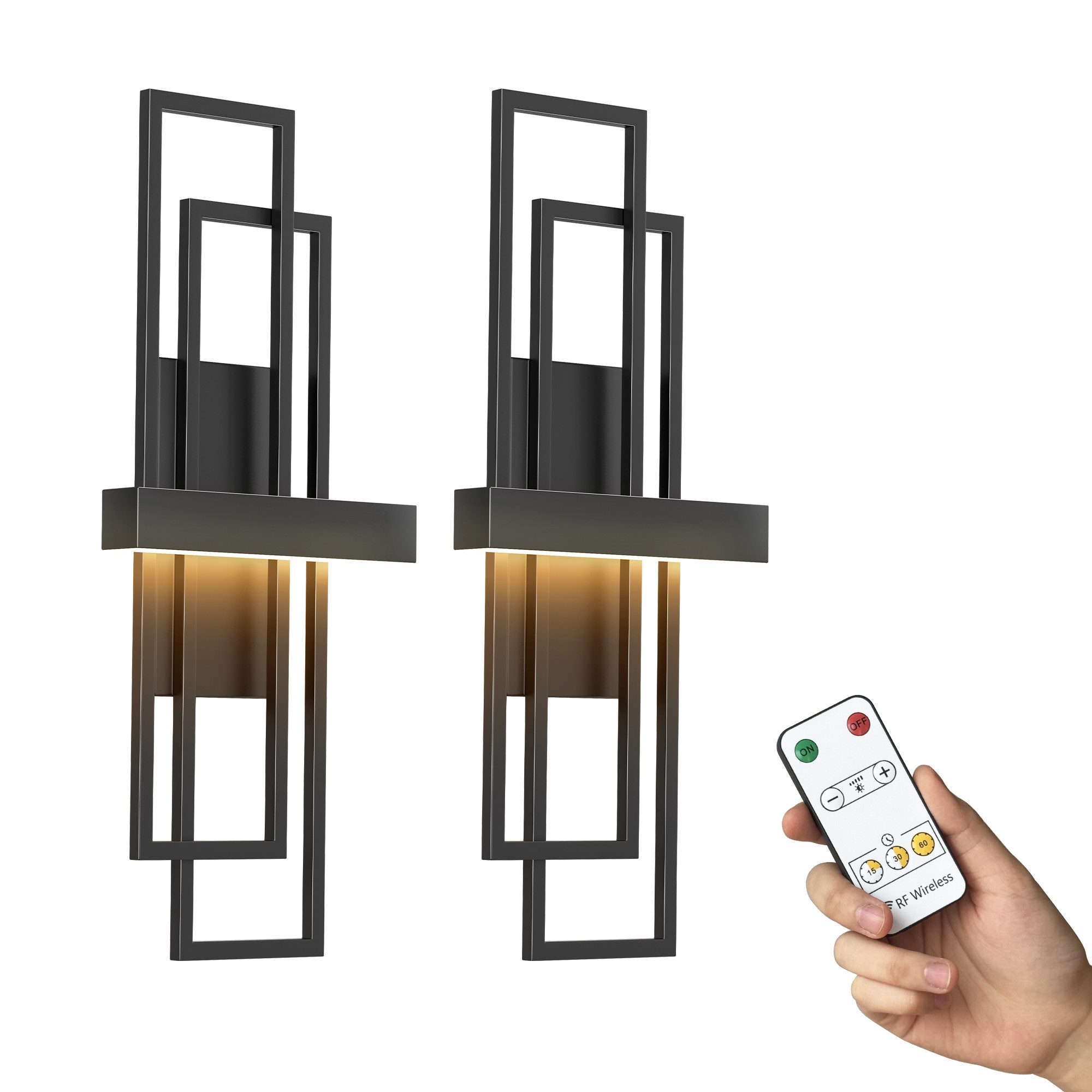 LOHAS-LED Wandleuchte Aufladbare geometrische Metall-Wandleuchten 2er-Set matt schwarz, LED fest integriert, Warmweiß, 8000mAh Akku mit Touch & RF-Fernbedienung, stufenlos dimmbar