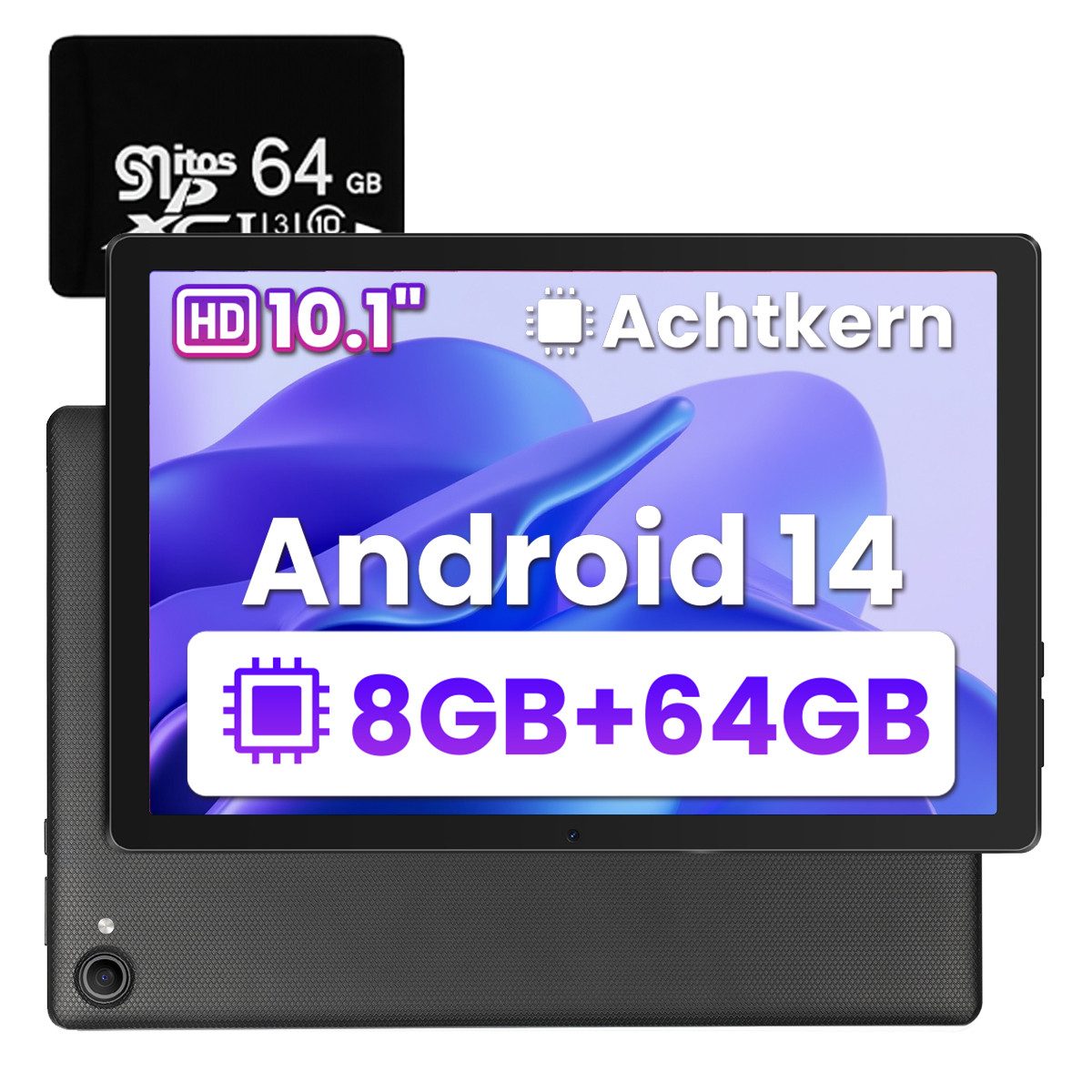 BUFO 10 Zoll HD, 3 GB RAM, 64 GB Erweiterbar auf 1 TB, Android 14 Tablet (10", 64 GB, Android, 2,4G/5G WiFi, Dual-Kamera, mit microSD Karte 64GB)