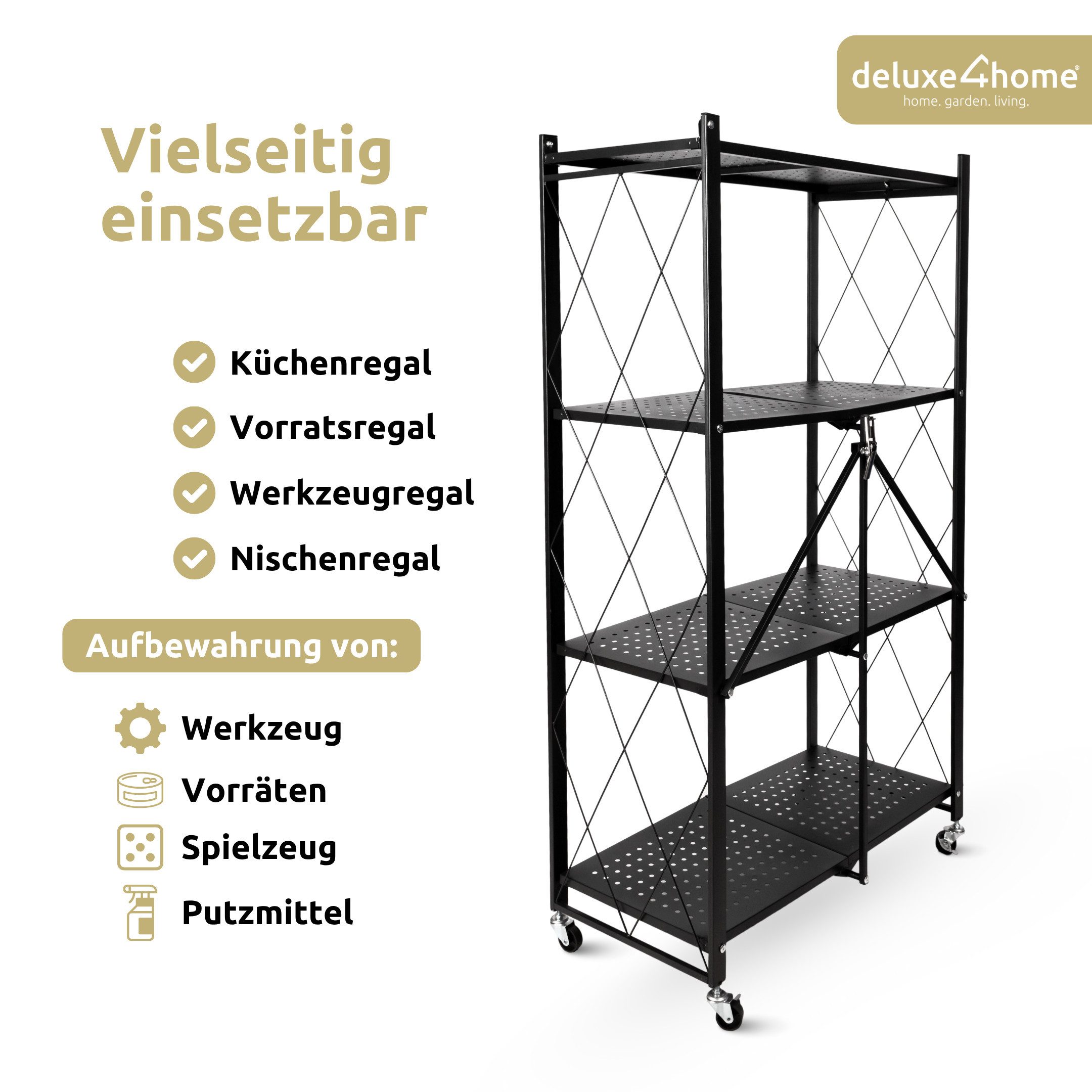 deluxe4home Mehrzweckregal Klappregal rollbar in schwarz I Rollregal klappbar Küchenregal, Faltregal mit Rollen