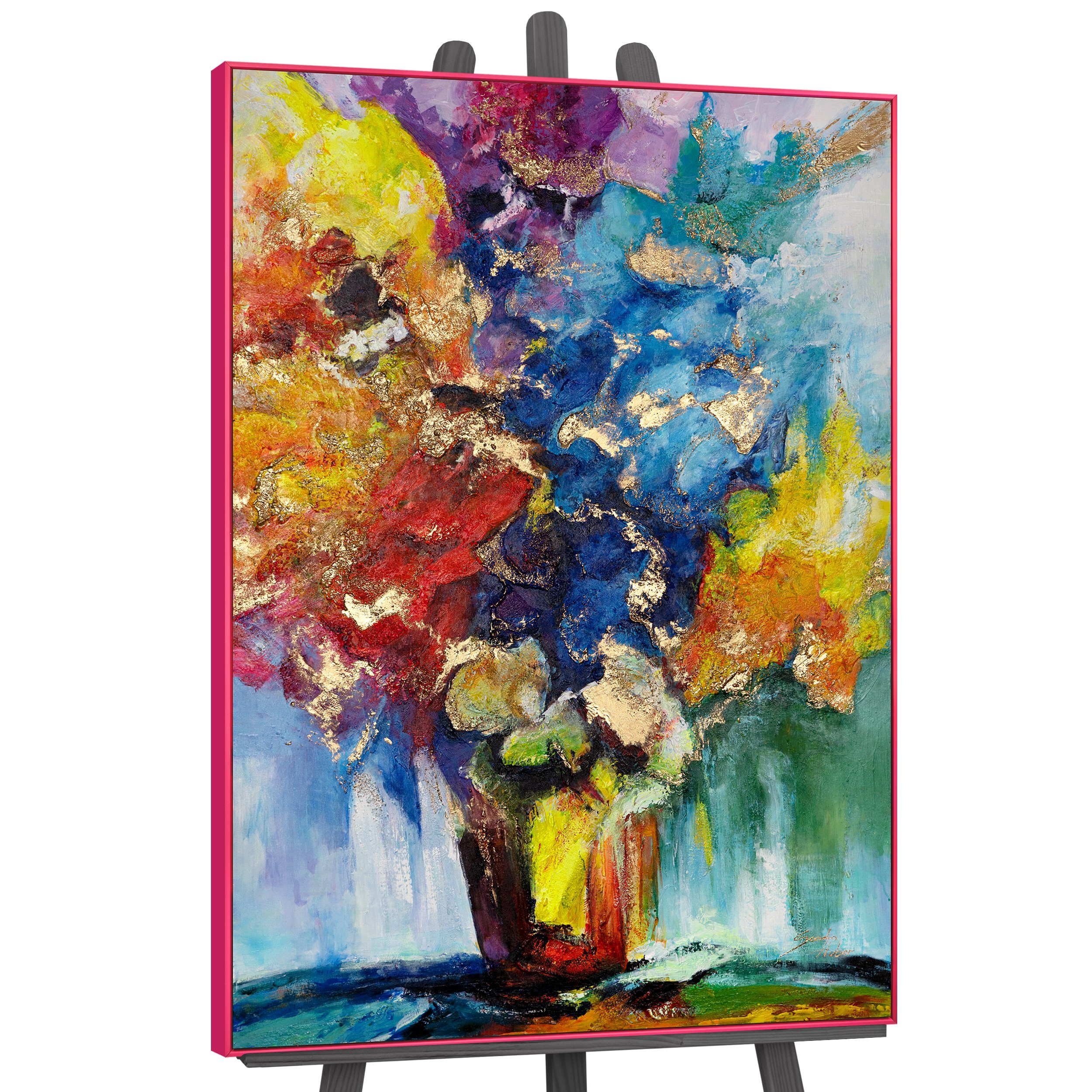 YS-Art Gemälde Sonnenblumenstrauß, Blumen, Blumen in einer Vase in bunten Farben im Schattenfugenrahmen