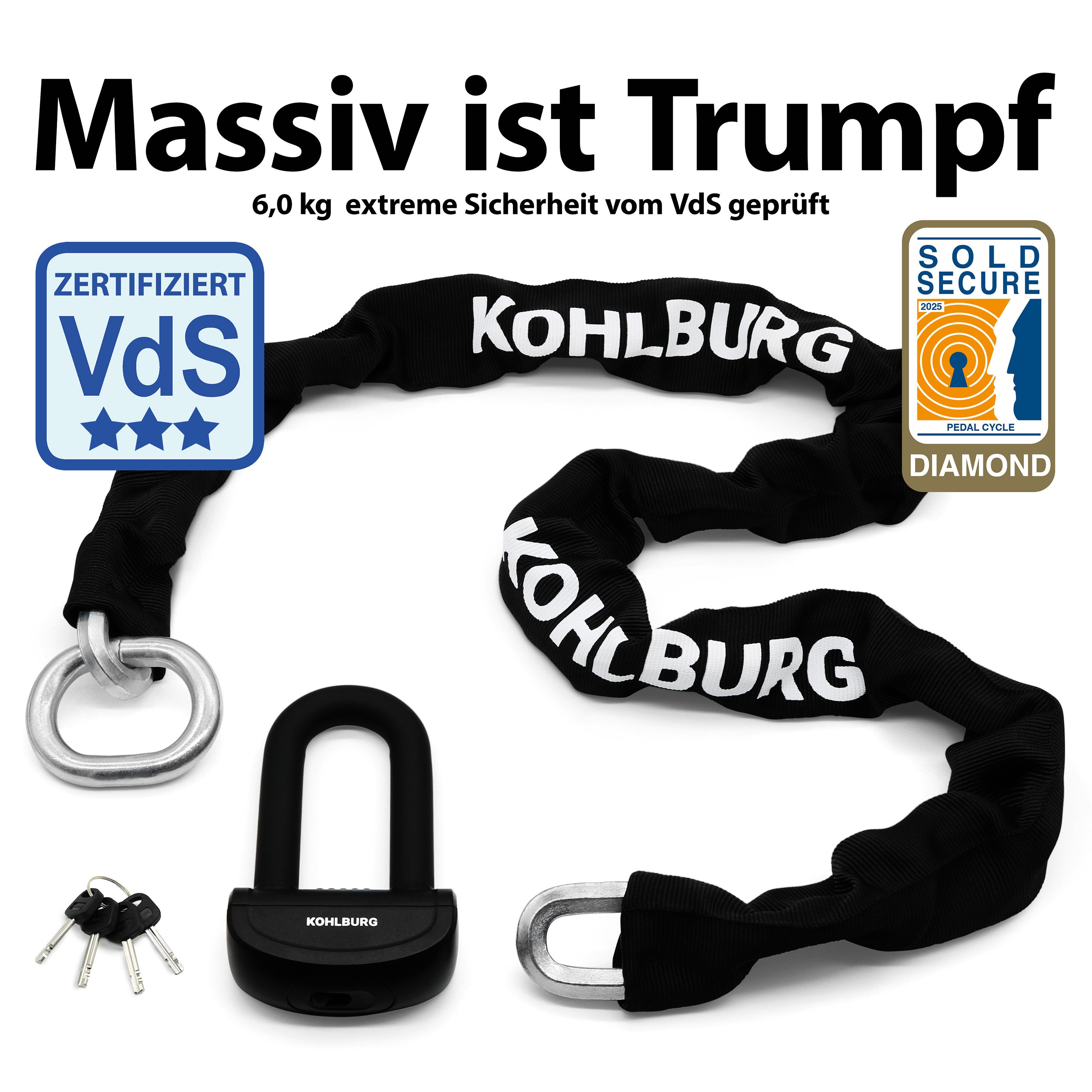 KOHLBURG Kettenschloss VdS zertifiziertes Motorradschloss • Höchste Sicherheitsstufe 15+, Typ Alcatraz • Massiv • 150 / 200 cm lang • 13 mm Spezialstahl-Kette