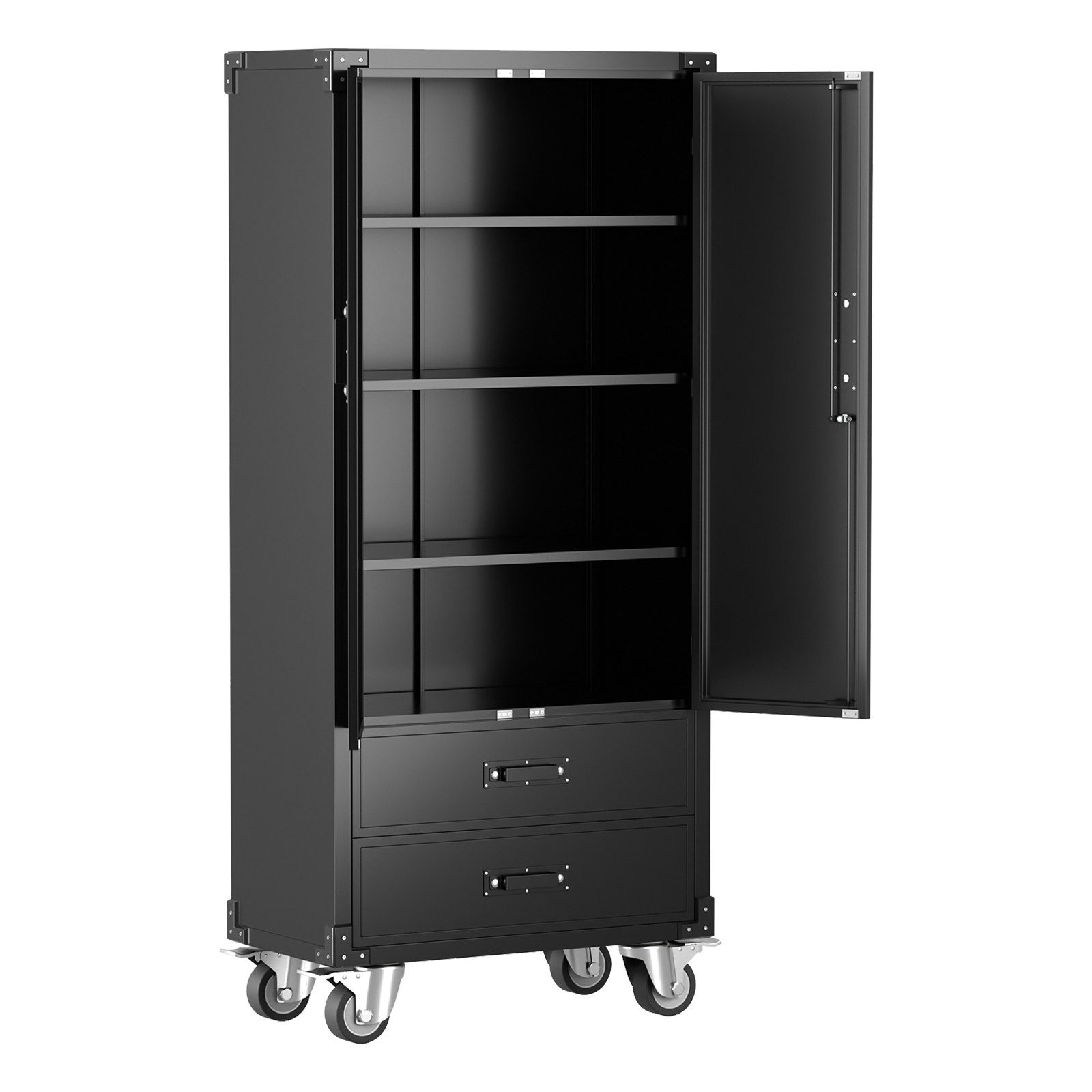 GarveeMore Werkzeugschrank aus kaltgewalztem Stahl mit 2 Türen & 2 Schubladen, 360° drehbar 3 verstellbare Böden, rollbar, 50 × 26 × 170 cm, Schwarz