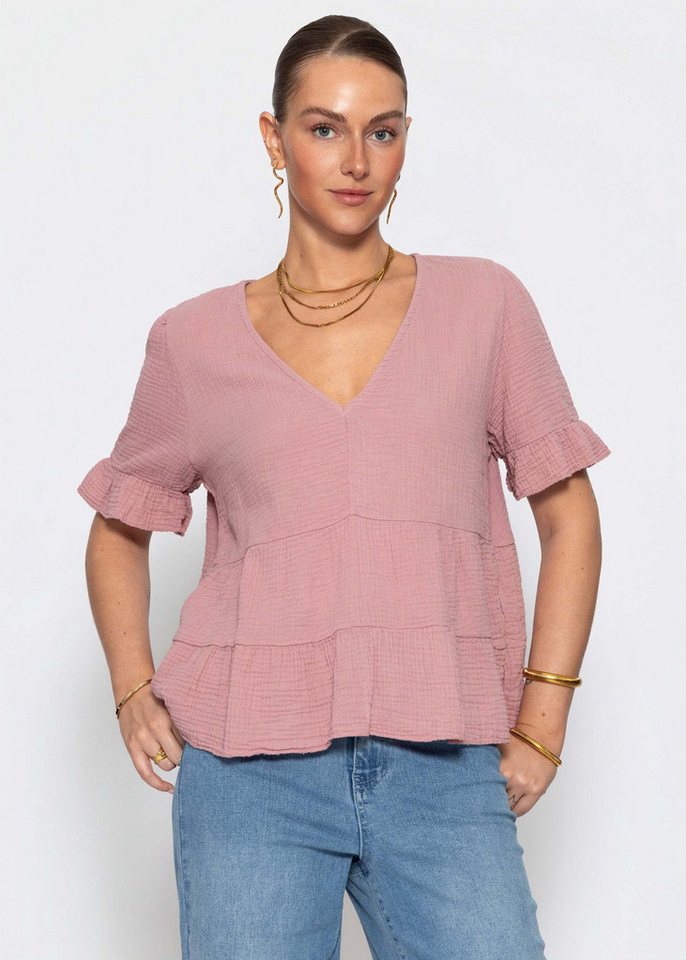 SASSYCLASSY Kurzarmshirt Musselin Shirt mit Volants für Damen Leichtes Baumwolltop mit tiefem V-Ausschnitt im oversized Fit
