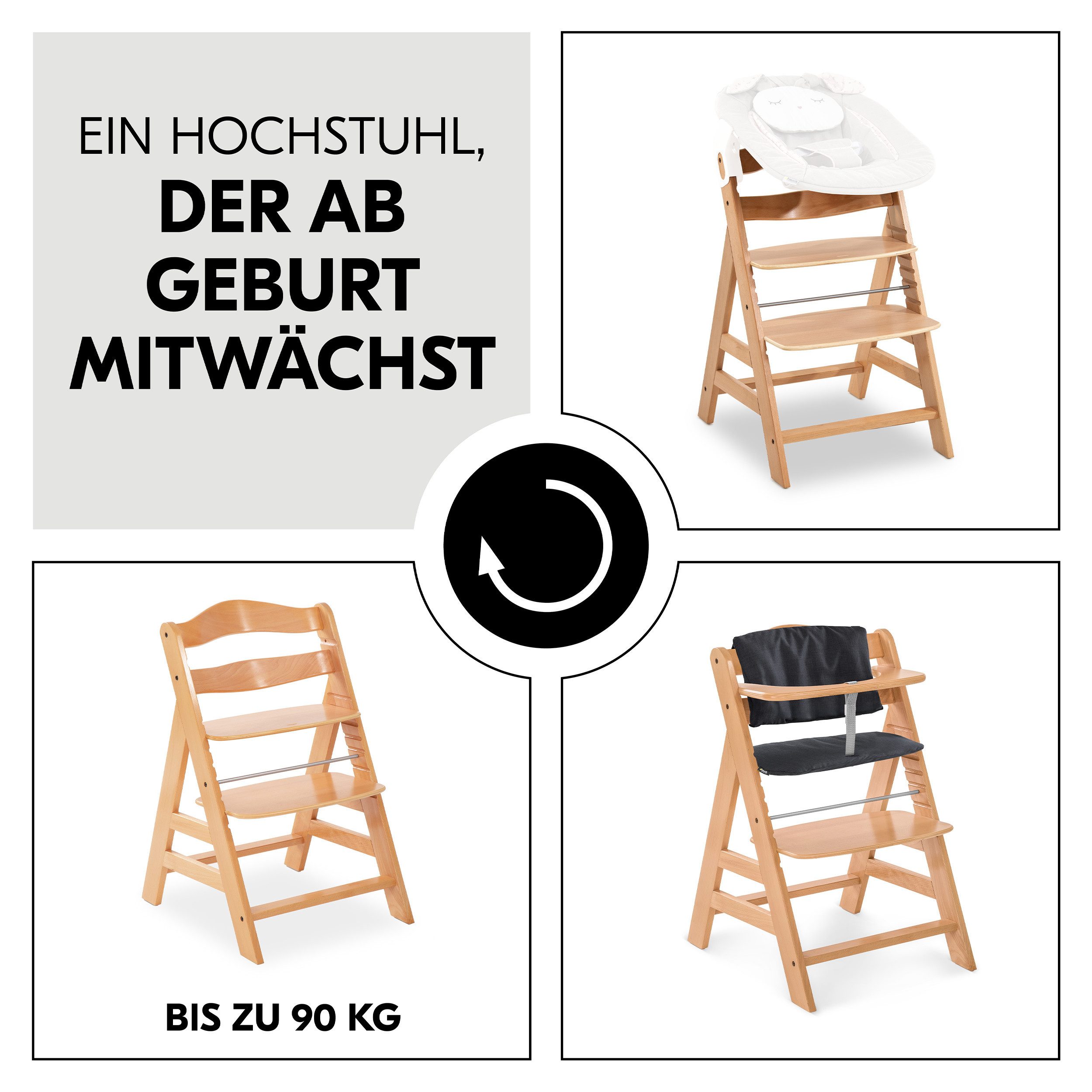 Hauck Hochstuhl Alpha Plus Natur, Mitwachsender Holz Kinderhochstuhl ab 6 Monaten mit Sitzauflage & Gurt – Bild 4 von 5