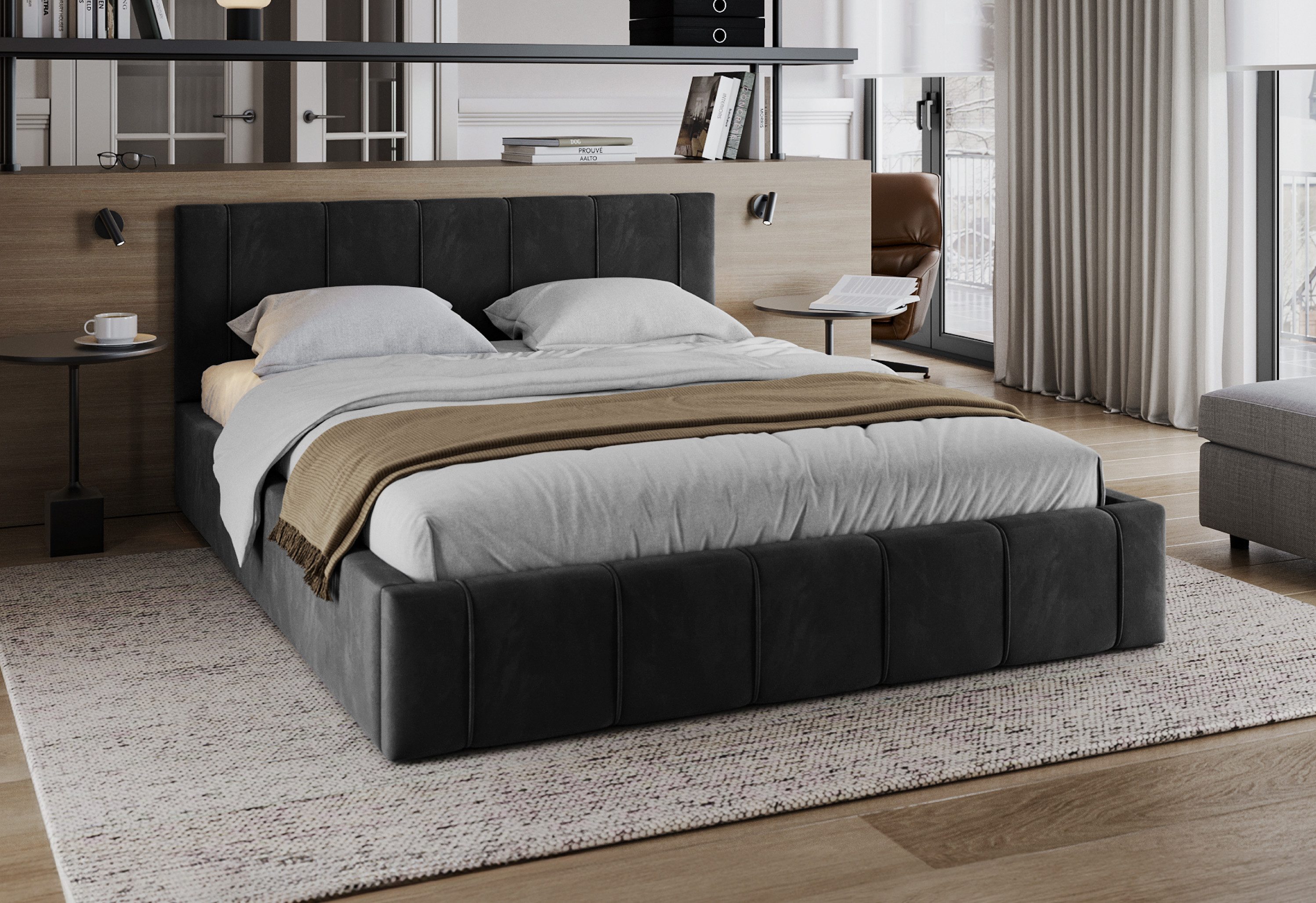 FDM Polsterbett FLORIDA Paris Bettgestell 90x200, 120x200, 140x200, 160x200, 180x200cm (verfügbar 90x200 120x200 140x200 160x200 180x200cm, Bettrahmen, Bett, mit großen gepolsterten Kopfteil, mit Bettkasten zum aufklappen), Hebbarer Metallrahmen, Bettkast