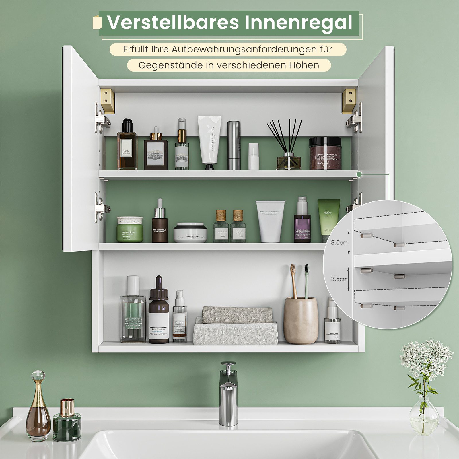 Dripex Spiegelschrank Badezimmerschrank mit Spiegel Badschrank mit verstellbarem Einlegeboden – Bild 4 von 5