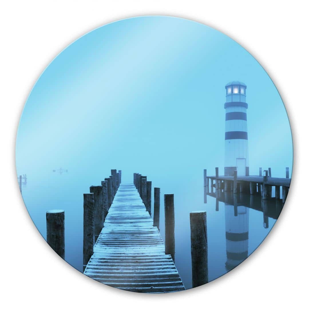 Glasbild Glas Wandbild Rund Glasbild Poster Nebel Steg im See Wellness Spa