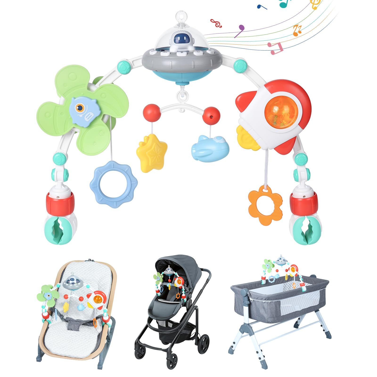Zaewry Mobile Kinderwagen-Spielbogen Mobile für Kinderbett mit Licht und Musik, Musikalisches Hängespielzeug für Babyschale & Kinderbett