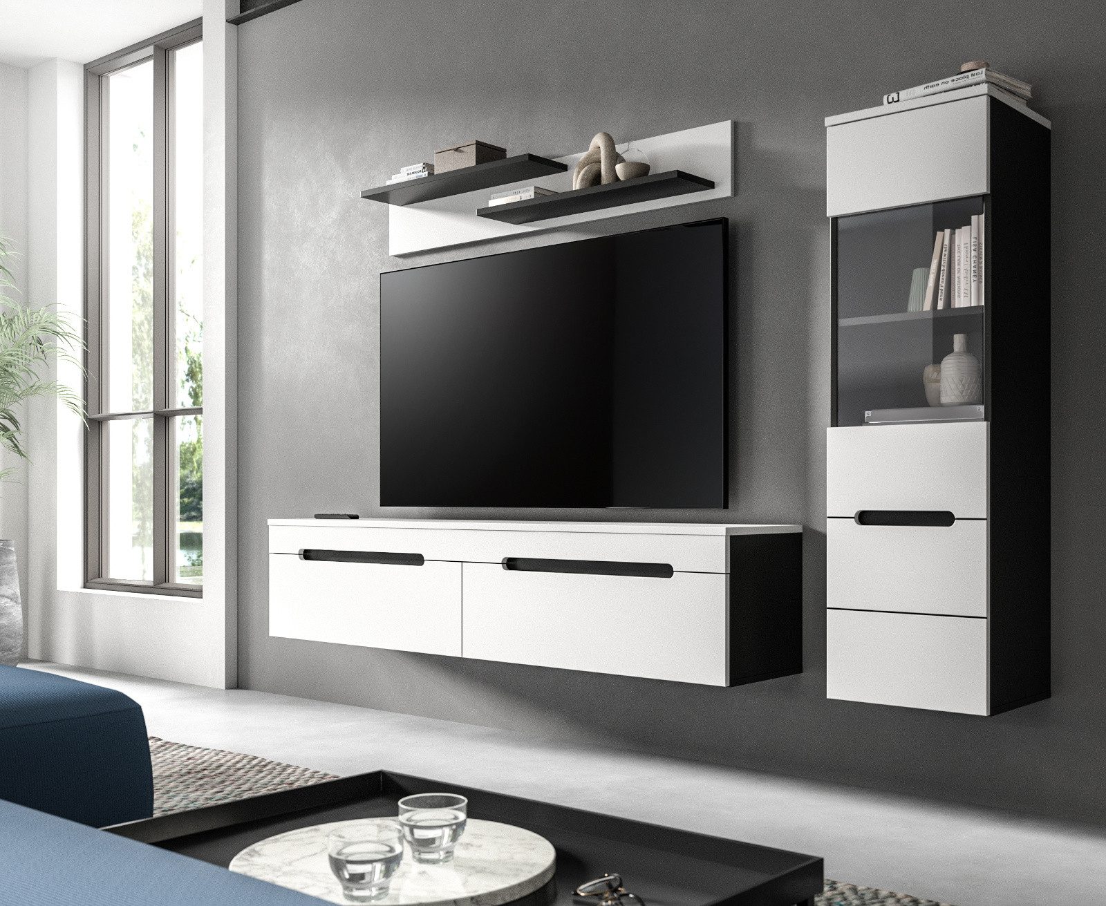 Inn.Furn Wohnwand Cooper, (Wohnkombination in Weiß matt und Basalt Grau, 3-teilig, Breite 220 cm), hängend oder stehend – Bild 4 von 5