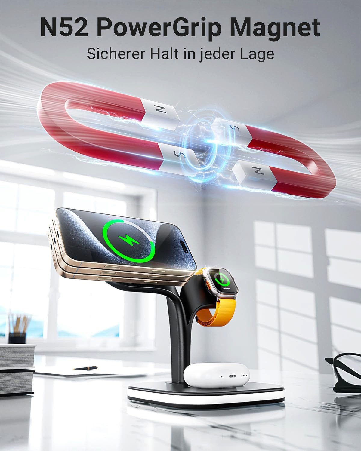 GreenHec Ladestation 3in1 MagSafe Ladegerät Kabellos Induktiv Charger Stand Wireless Charger (3 mA, Spar-Set, 3in1 PowerBase + USB-C Kabel + 20w Dual Charger, iPhone 17 16 15 14 13 12 Pro Max Air, Airpods, Apple Watch Wireless)