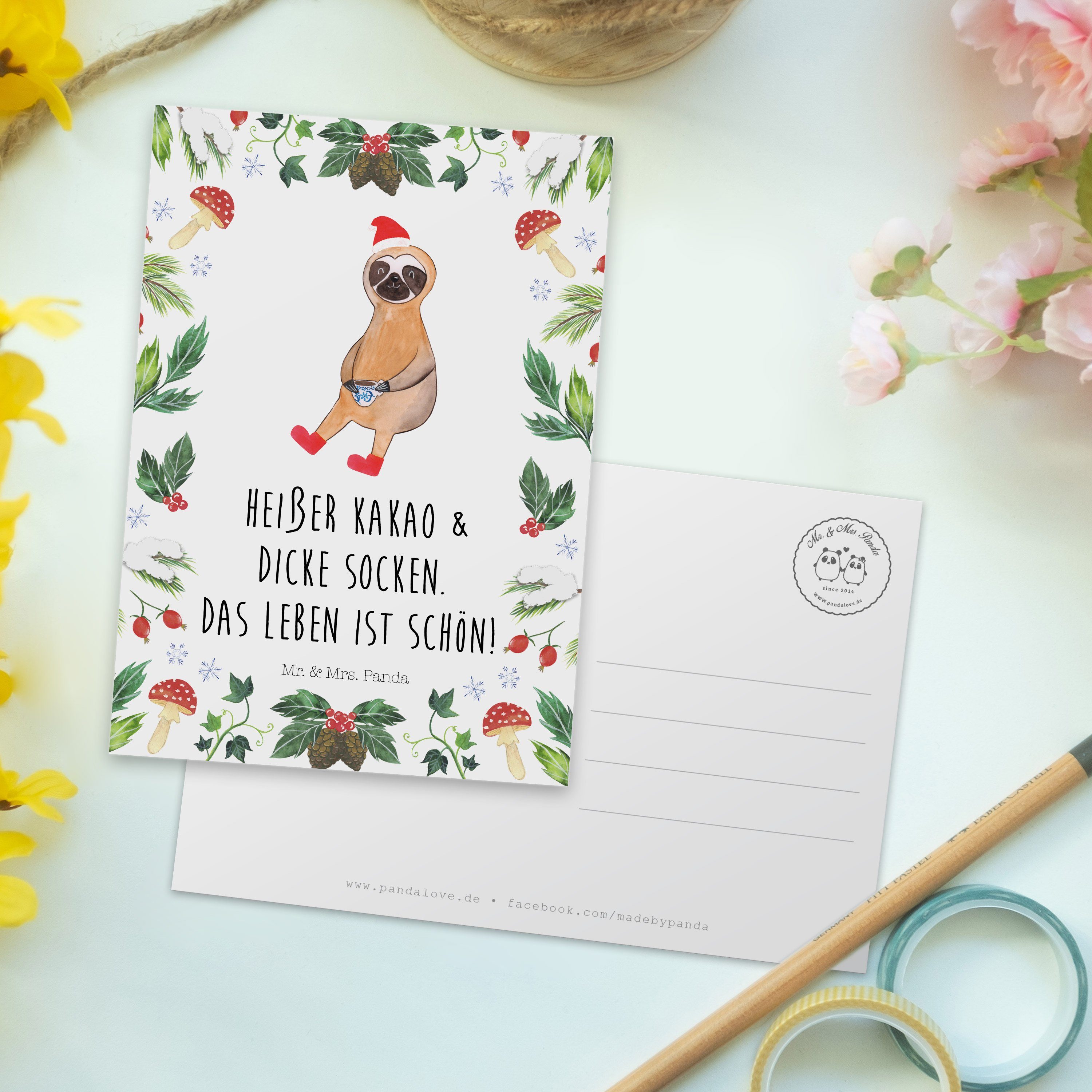 Winter - & Geschenk, - Faultier Weiß Panda Mrs. Postkarte Geburtstagskarte, Mr. Grußkarte, Kakao