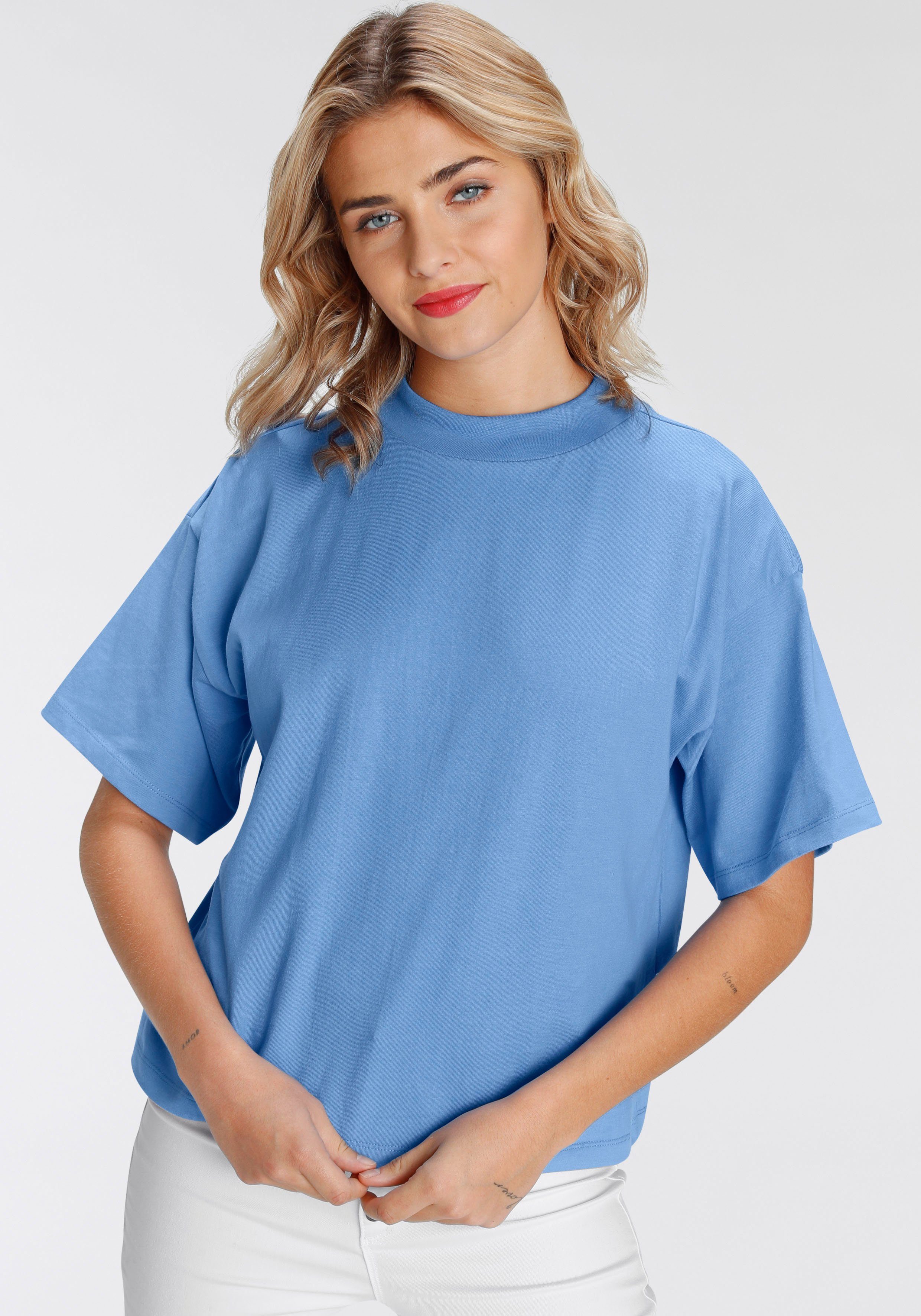 AJC modisch Rippen-Rundhalsausschnitt breitem Oversize-Shirt mit himmelblau