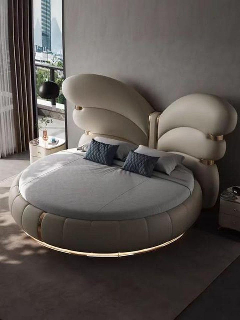 JVmoebel Bett Designer Doppelbett in Beige mit Textilbezug und rundem Design (1-tlg), Made in Europa