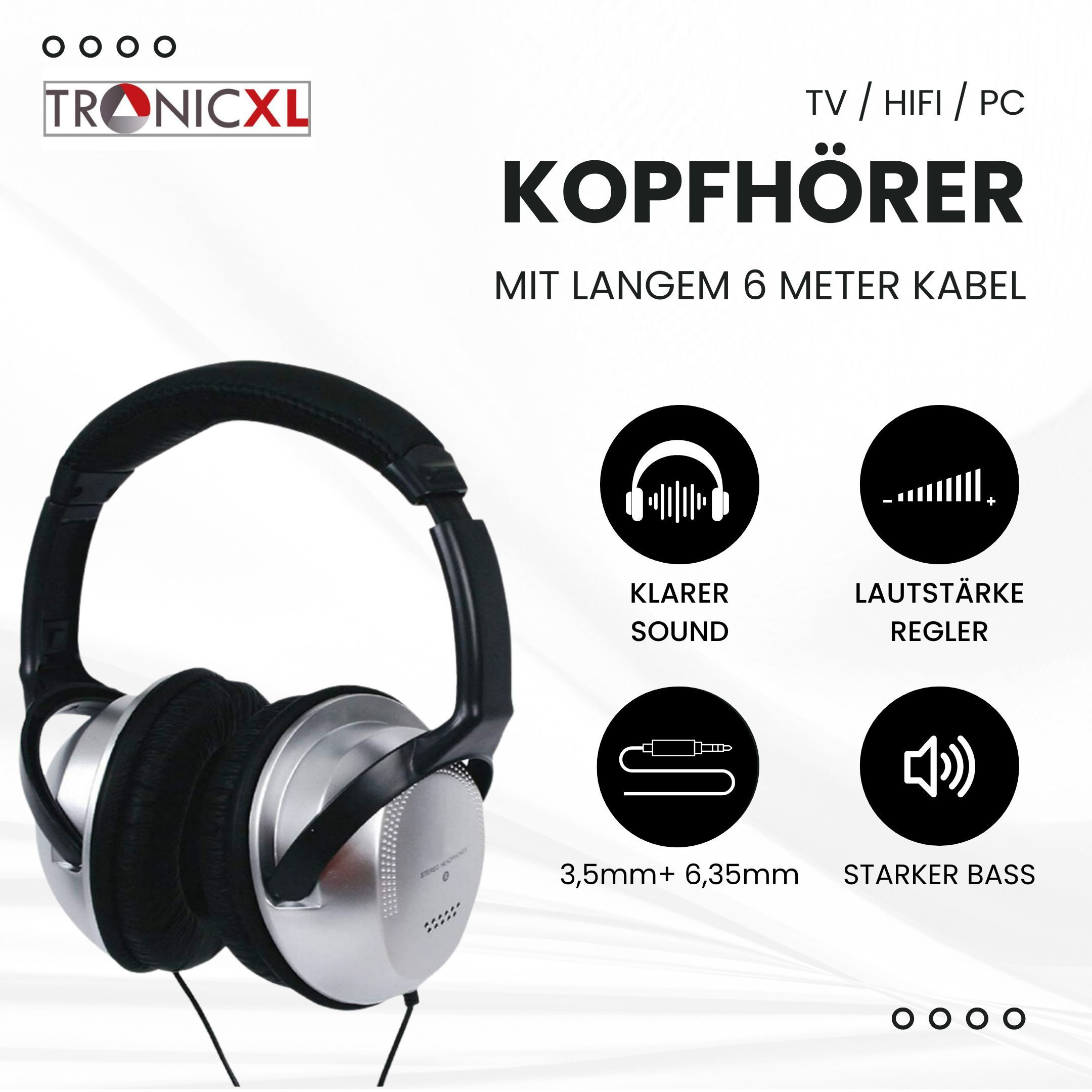 TronicXL Fernsehkopfhörer Kopfbügel 6m langes Kabel TV Klinke Fernseher 6,35mm HiFi-Kopfhörer (kabelgebunden)