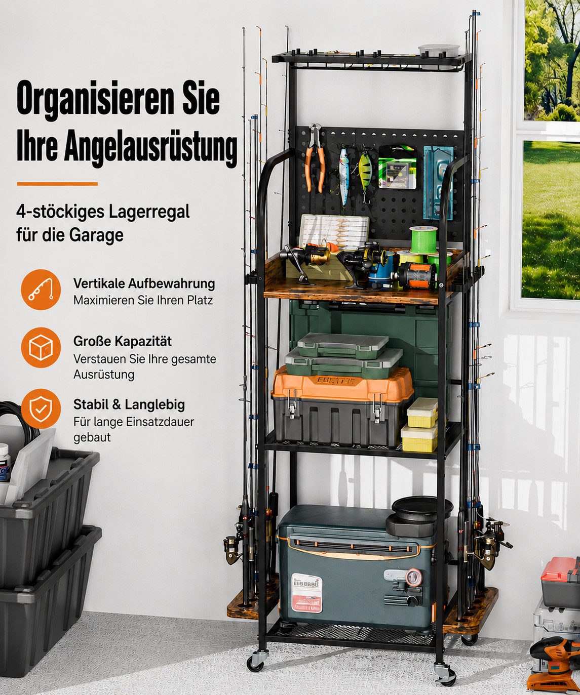 Yorbay Rutenhalter Angelrutenständer mit Rollenhalter Haken Ablagen Metall Mobil, (Platz für bis zu 12 Angelruten, 3 drehbare Rollenhalter, Leicht beweglich, Platzsparendes Design)