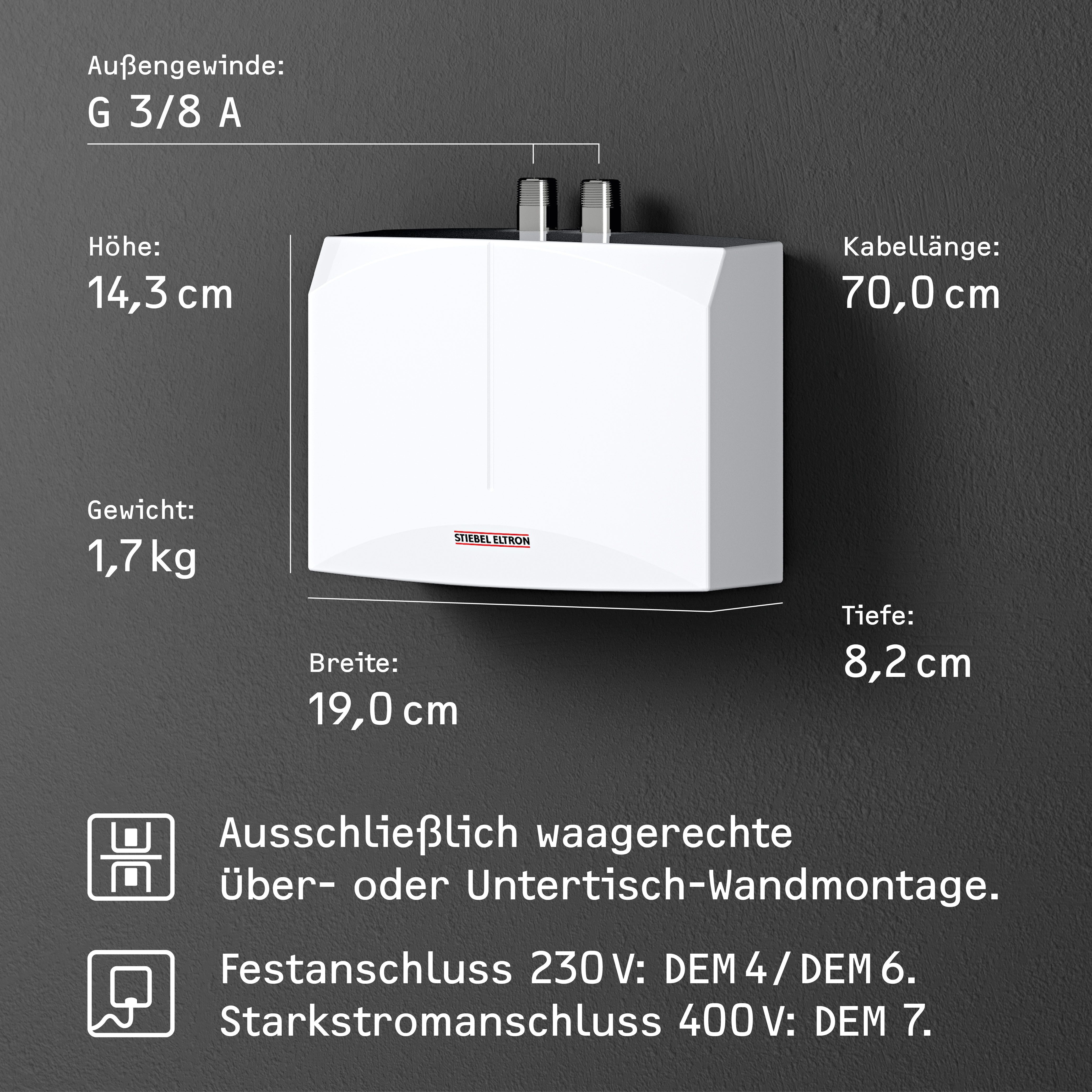 STIEBEL ELTRON Klein-Durchlauferhitzer DEM 6 für Handwaschbecken, 5,7 kW, ohne Stecker, Festanschluss 230V, elektronisch, max. 38 °C, elektronisch, sofort handwarmes Wasser (ca. 35°C)