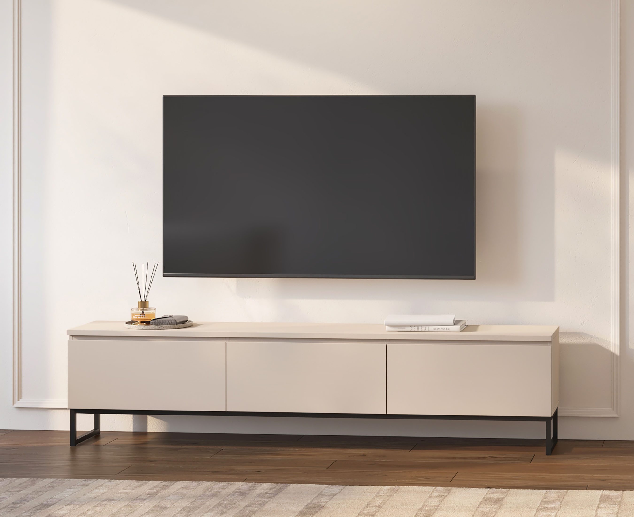 OTTO home Lowboard Modo II, Breite 200 cm, modernes griffloses Lowboard 3 Klappen, TV-Kommode mit viel Stauraum, Metallkufen
