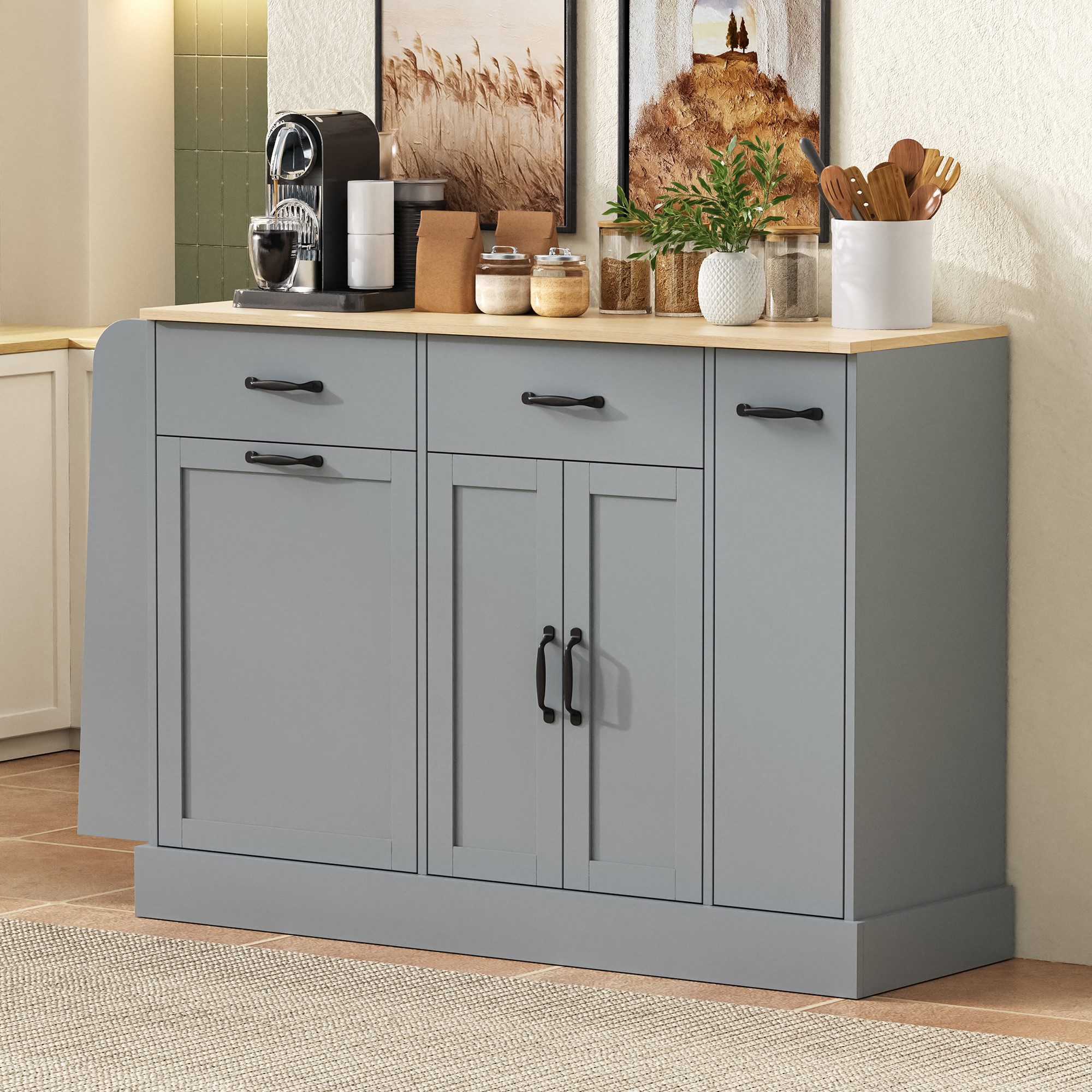 HAUSS SPOLE Sideboard mit Mülleimerfach,Küchenschrank mit Schubladen und Gewürzregal,Grau (Buffetschrank 133.5×40×86 mit Abfallbehälterfach), für Esszimmer oder Wohnzimmer