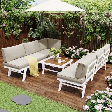 PFCTART Gartenlounge-Set Garten-Lounge-Set aus Aluminium, Loungeset für 5-6 Personen, (2 Ecksofas, 1 Tisch, inklusive 7 beigen Kissen, 4 beigen Sitzkissen), weißes Aluminiumgestell mit Schutzfüßen