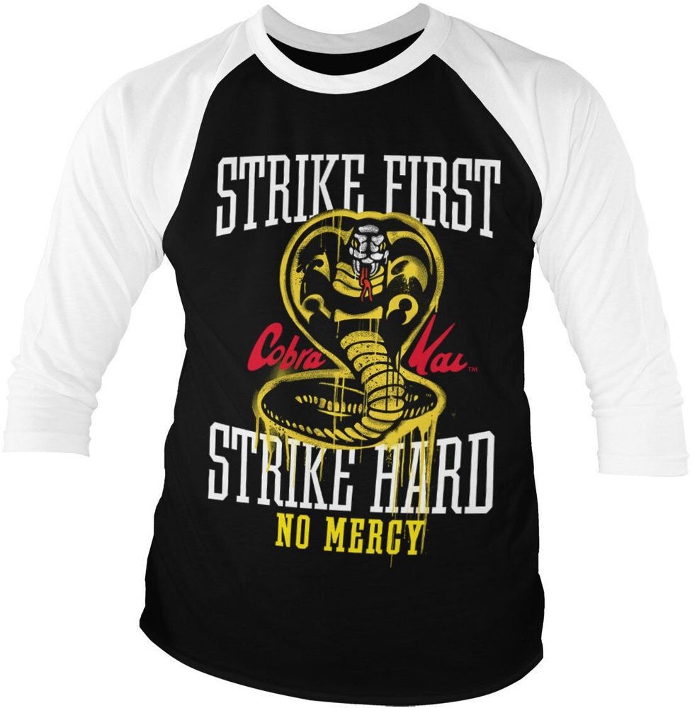 Cobra Kai T-Shirt Strike First Strike Hard No Mercy Baseball 3/4 Sleeve Tee