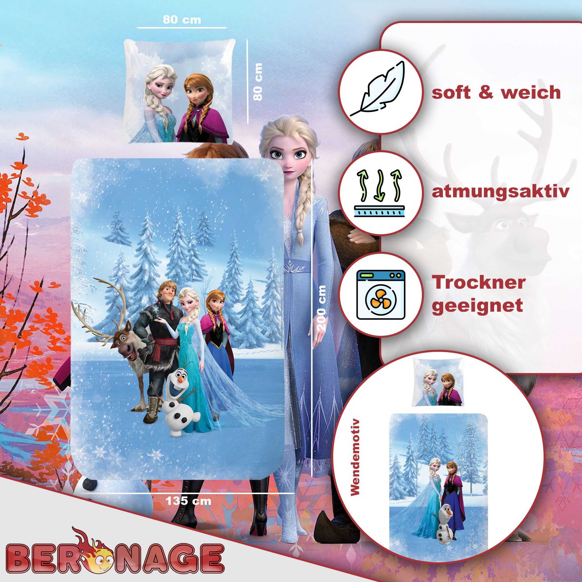 BERONAGE Kinderbettwäsche Frozen Die Eiskönigin Bettwäsche Sven Biber / Flanell, 100% Baumwolle, 2 teilig, 135x200 + 80x80 cm