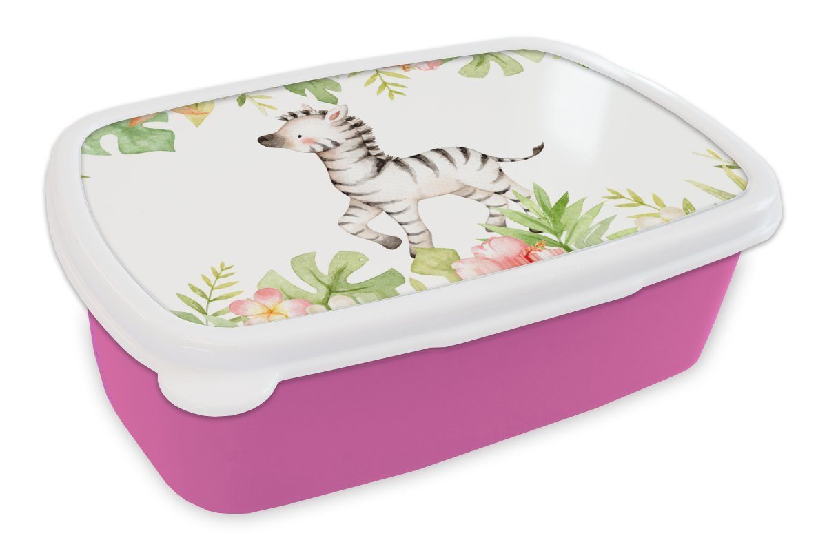 MuchoWow Lunchbox Zebra - Blumen - Dschungel - Aquarell, Kunststoff, (2-tlg), Brotbox für Erwachsene, Brotdose Kinder, Snackbox, Mädchen, Kunststoff rosa