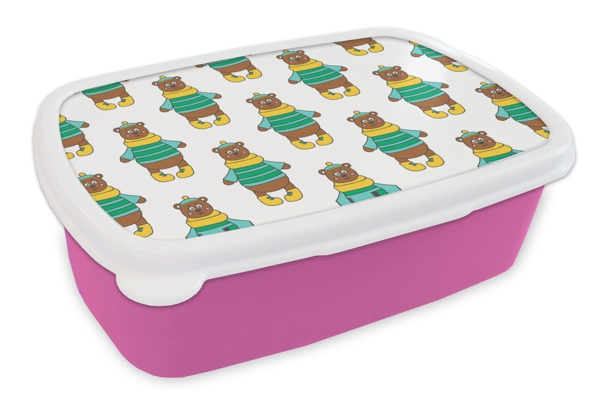 MuchoWow Lunchbox Muster, Brotbox Erwachsene, Kinder, - Snackbox, Kunststoff Bär - Plüschtier Mädchen, Brotdose für (2-tlg), Kunststoff, rosa