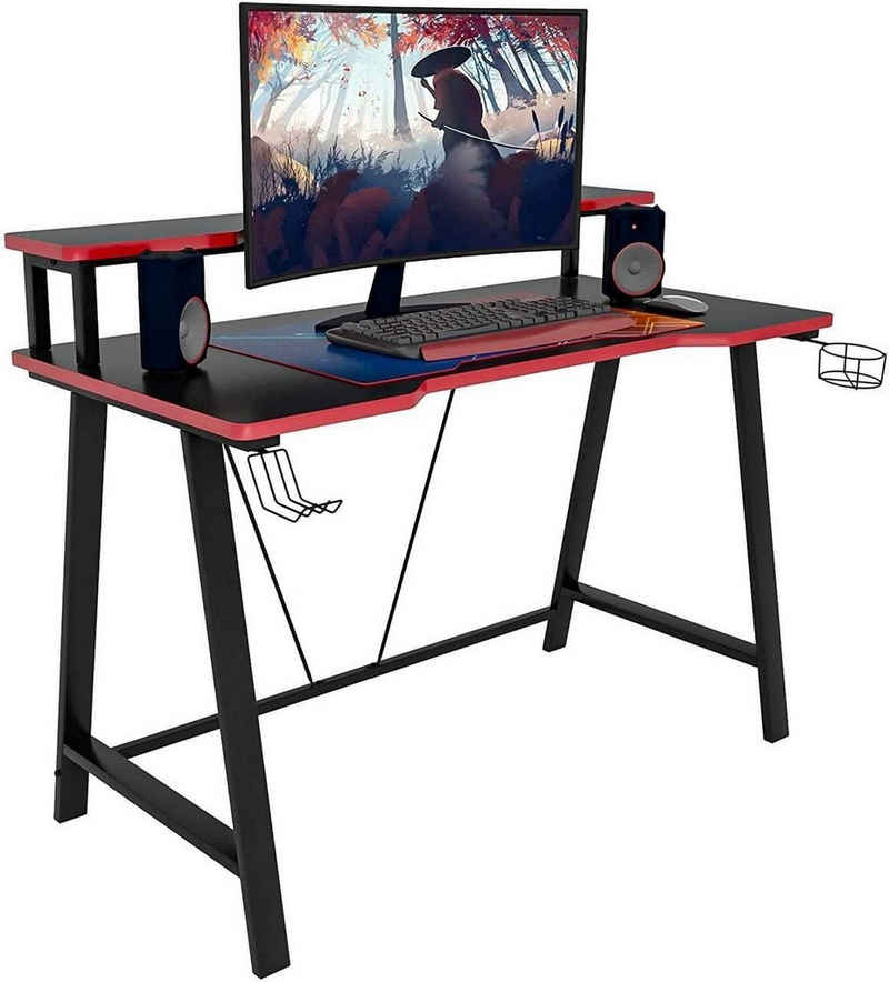 Woltu Gamingtisch (1-St), Gaming Tisch Ergonomic Gaming Schreibtisch Computertisch Bürotisch PC Laptop Tisch Gamer Tisch, mit Ablage, Getränkehalter und Kopfhörerhalter, Schwarz+Rot