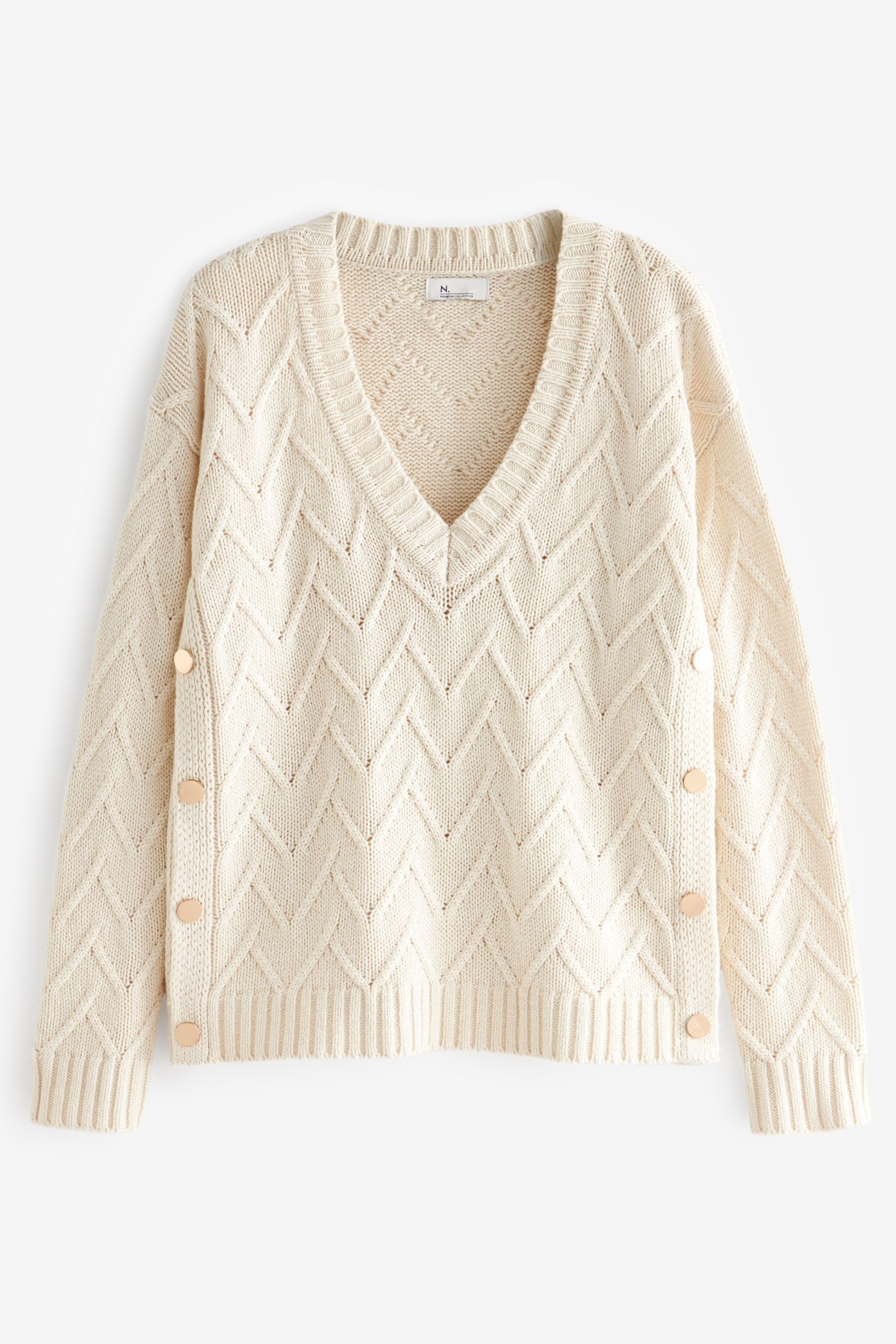 Next V-Ausschnitt-Pullover Premium-Pullover mit Ziernähten (1-tlg) Ecru und White V-Ausschnitt